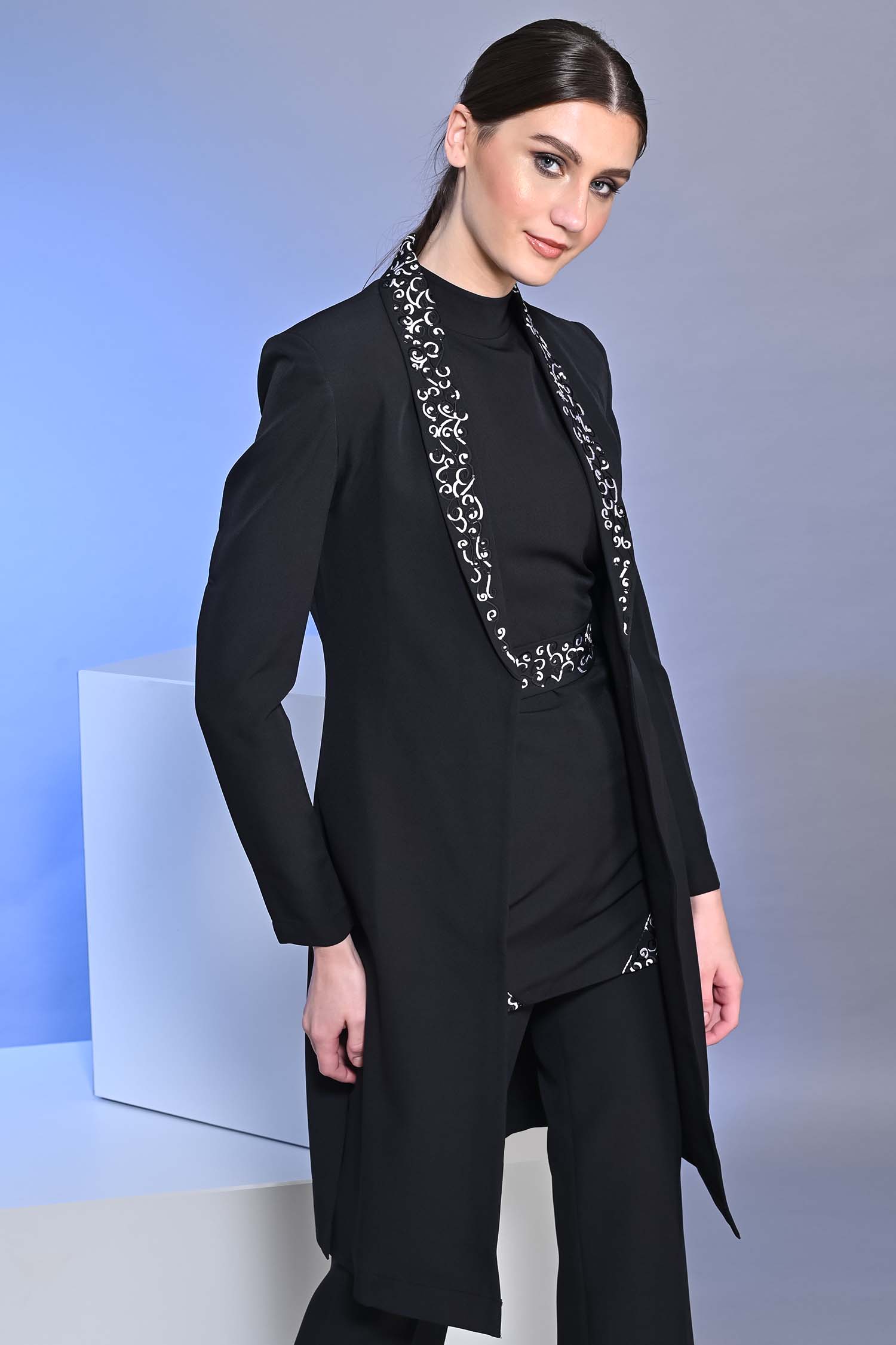 Long Embroidered Black Slit Blazer