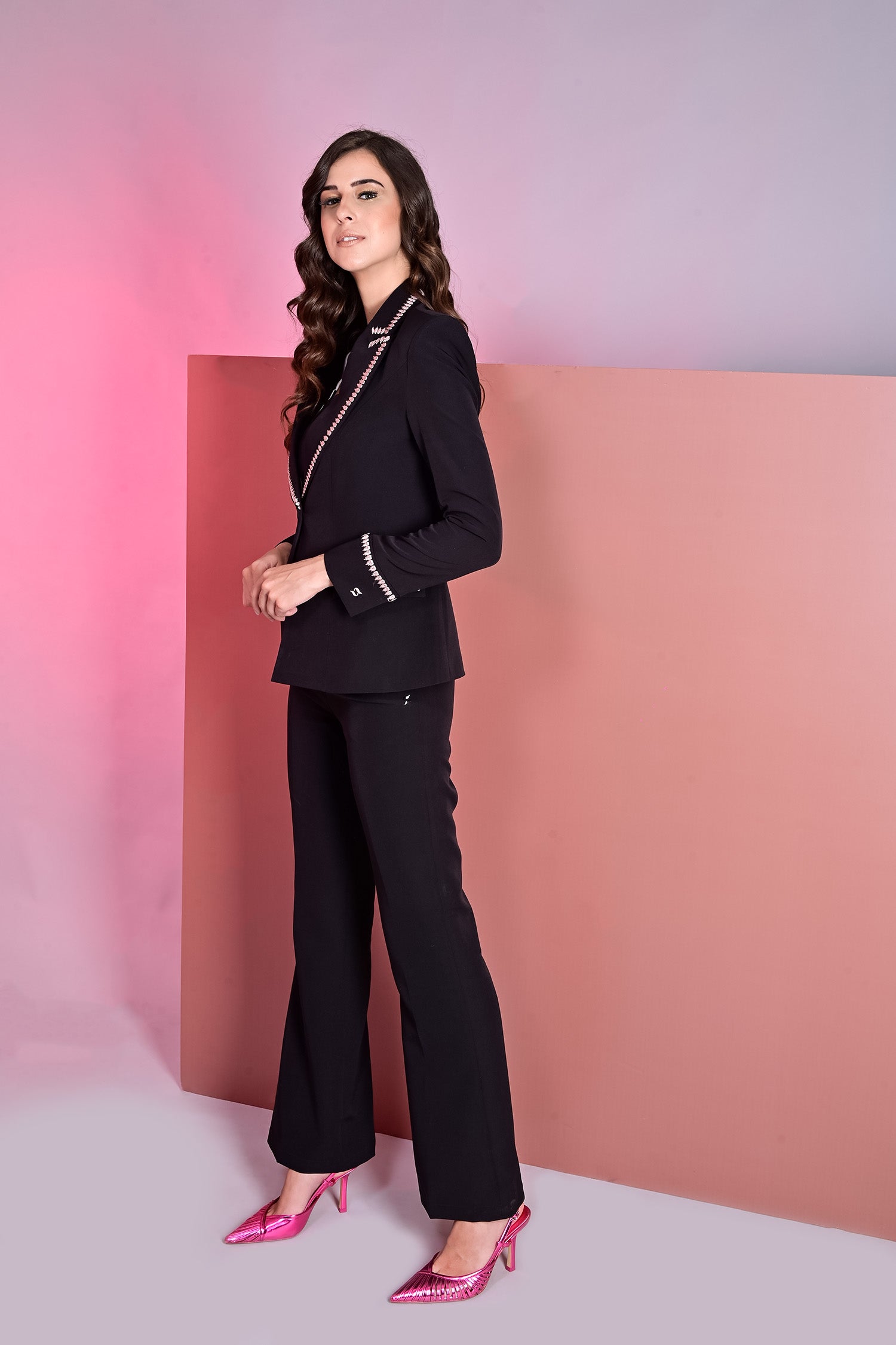 Petal Embroidered Black Blazer With Crop Top and Flared Pants