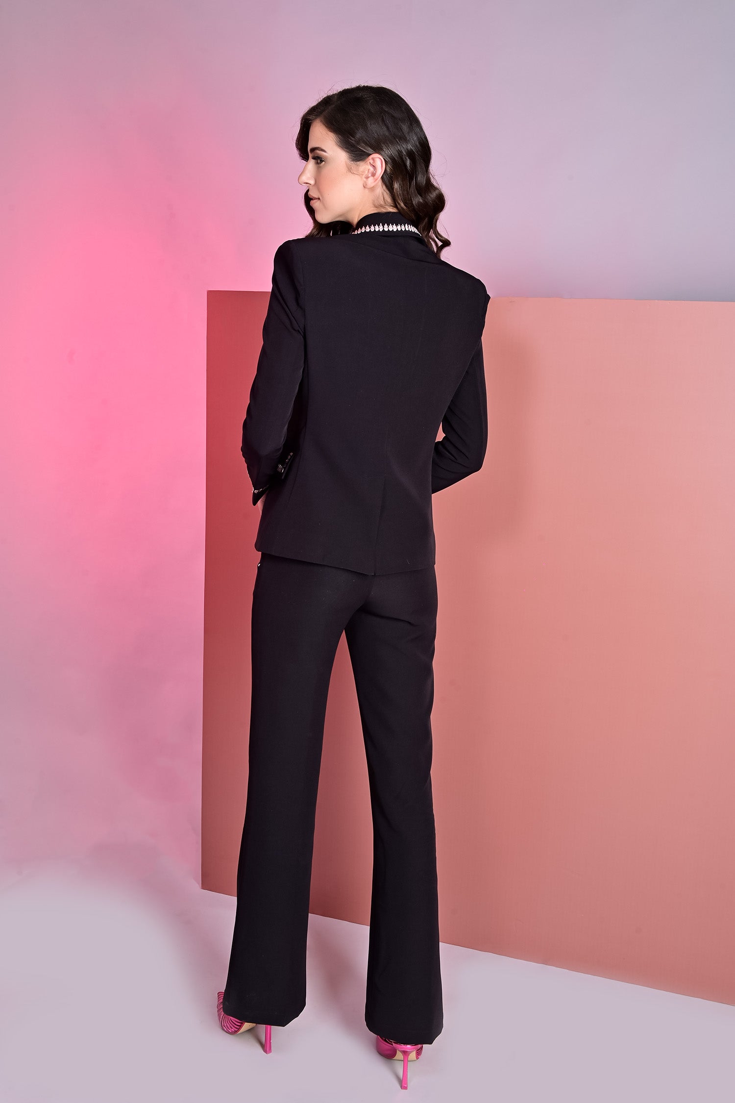 Petal Embroidered Black Blazer With Crop Top and Flared Pants