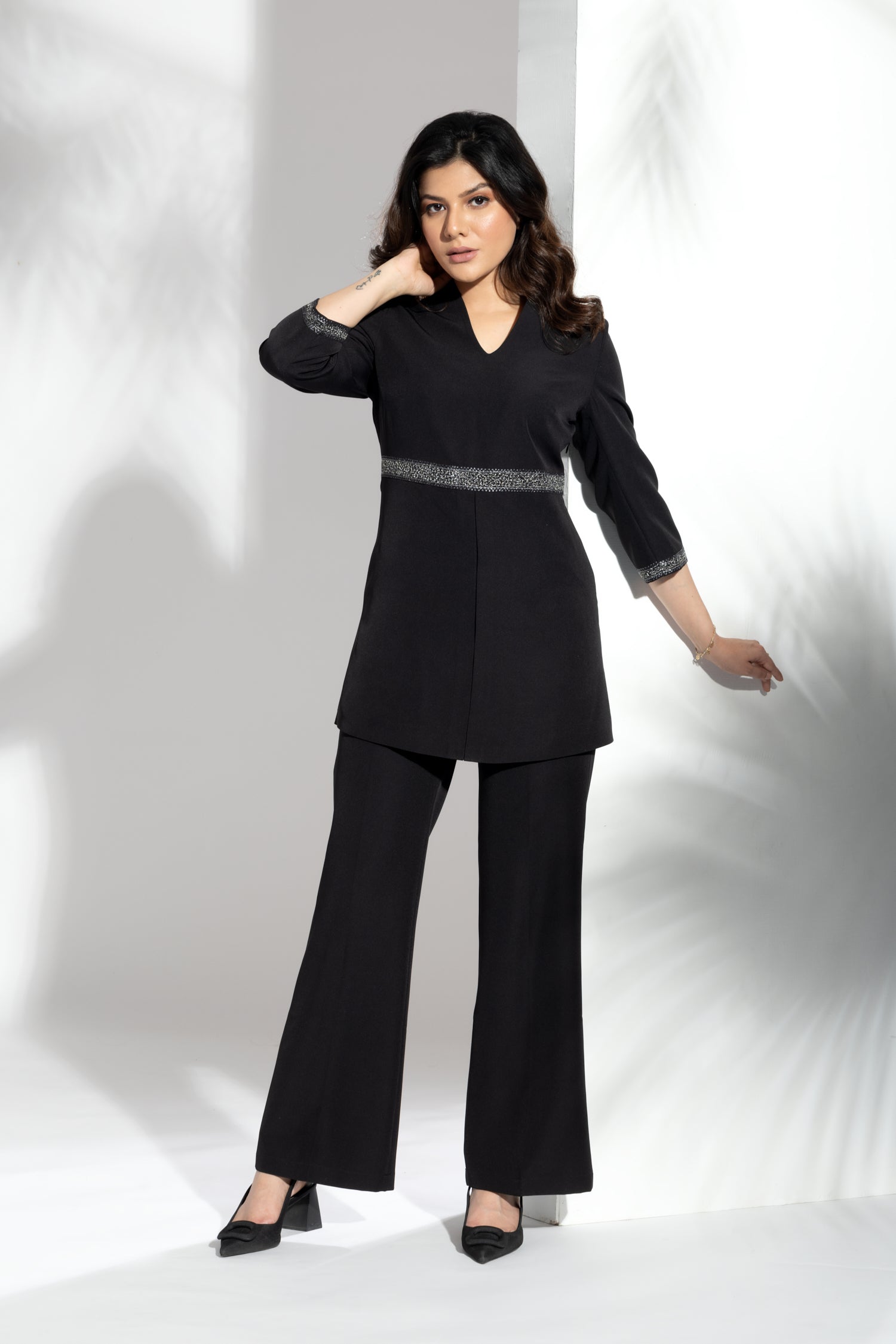 Black V-Neck Embroidered Top And Pants
