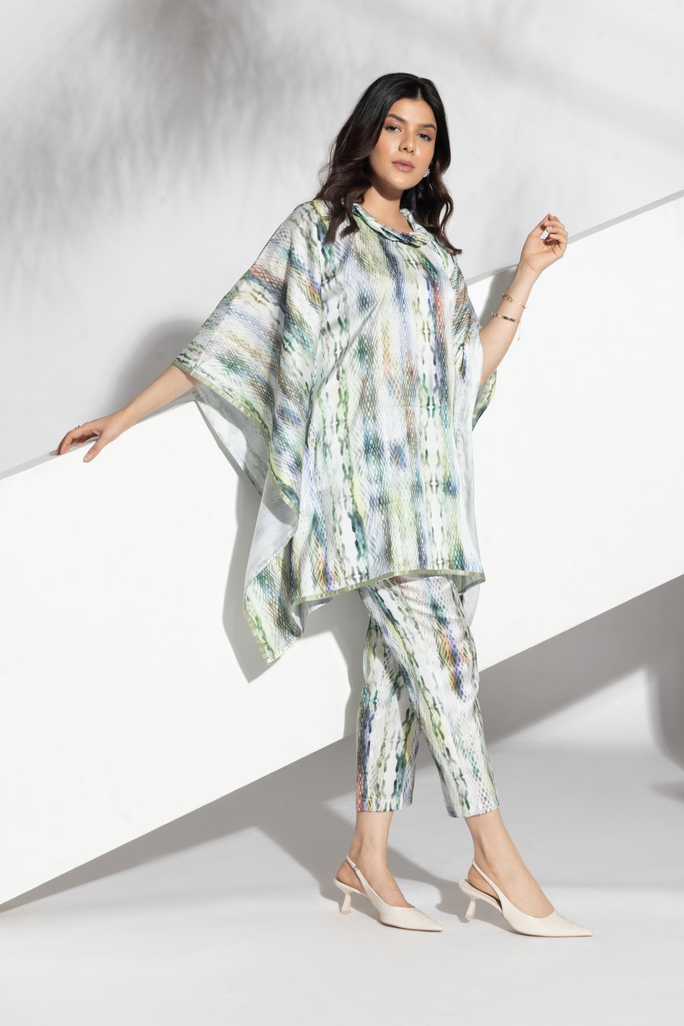 Misty Moss Printed Kaftan with Slim Fit Pants