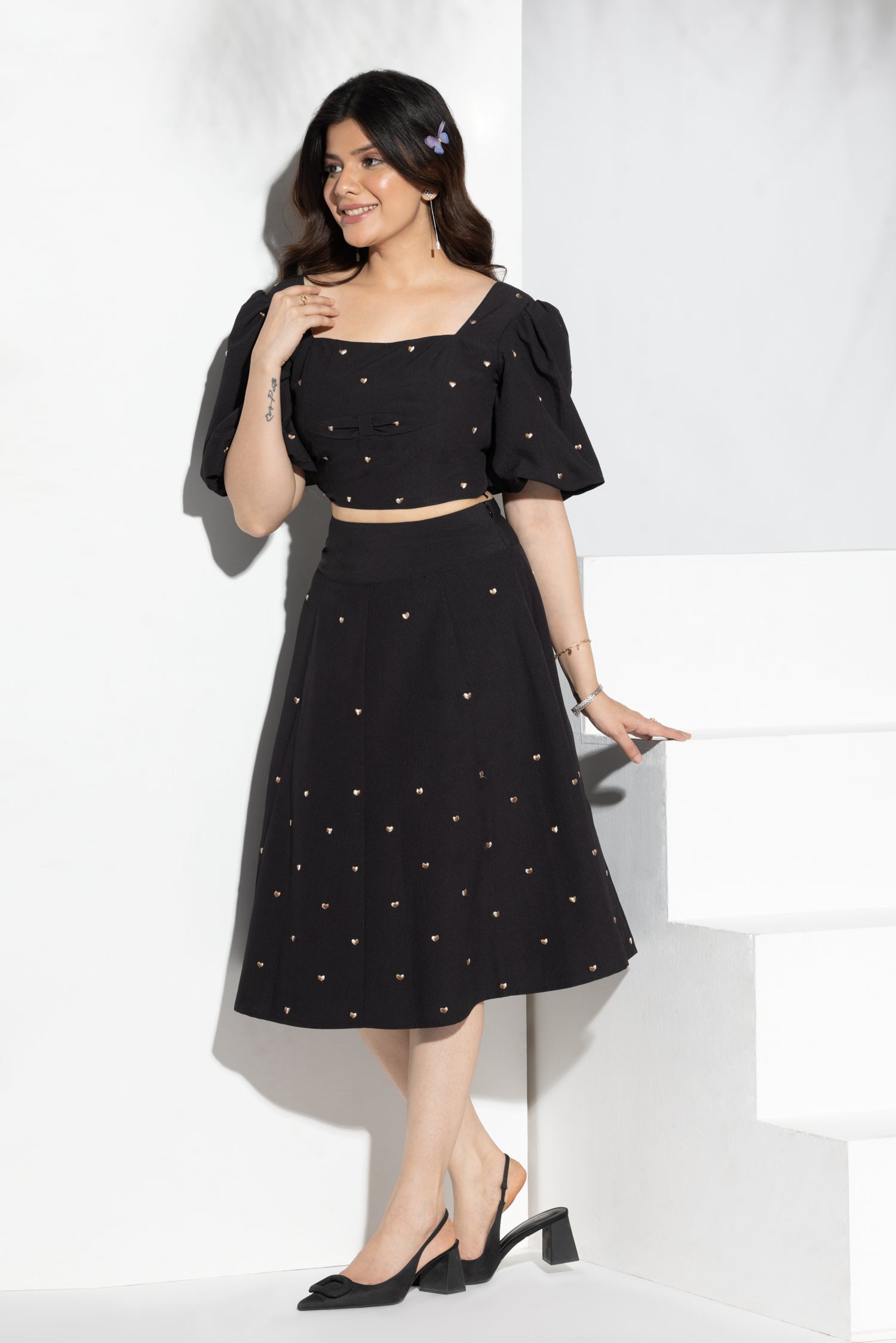 Black heart Smocked Crop Top (Puffed sleeves) with Skirt