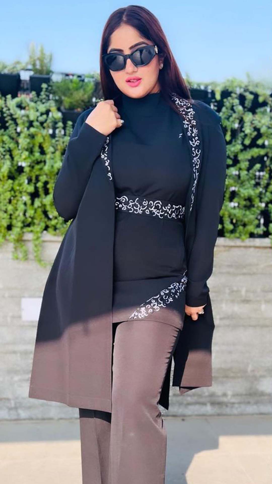 Lisha in Long Embroidered Black Slit Blazer With Top And Pants