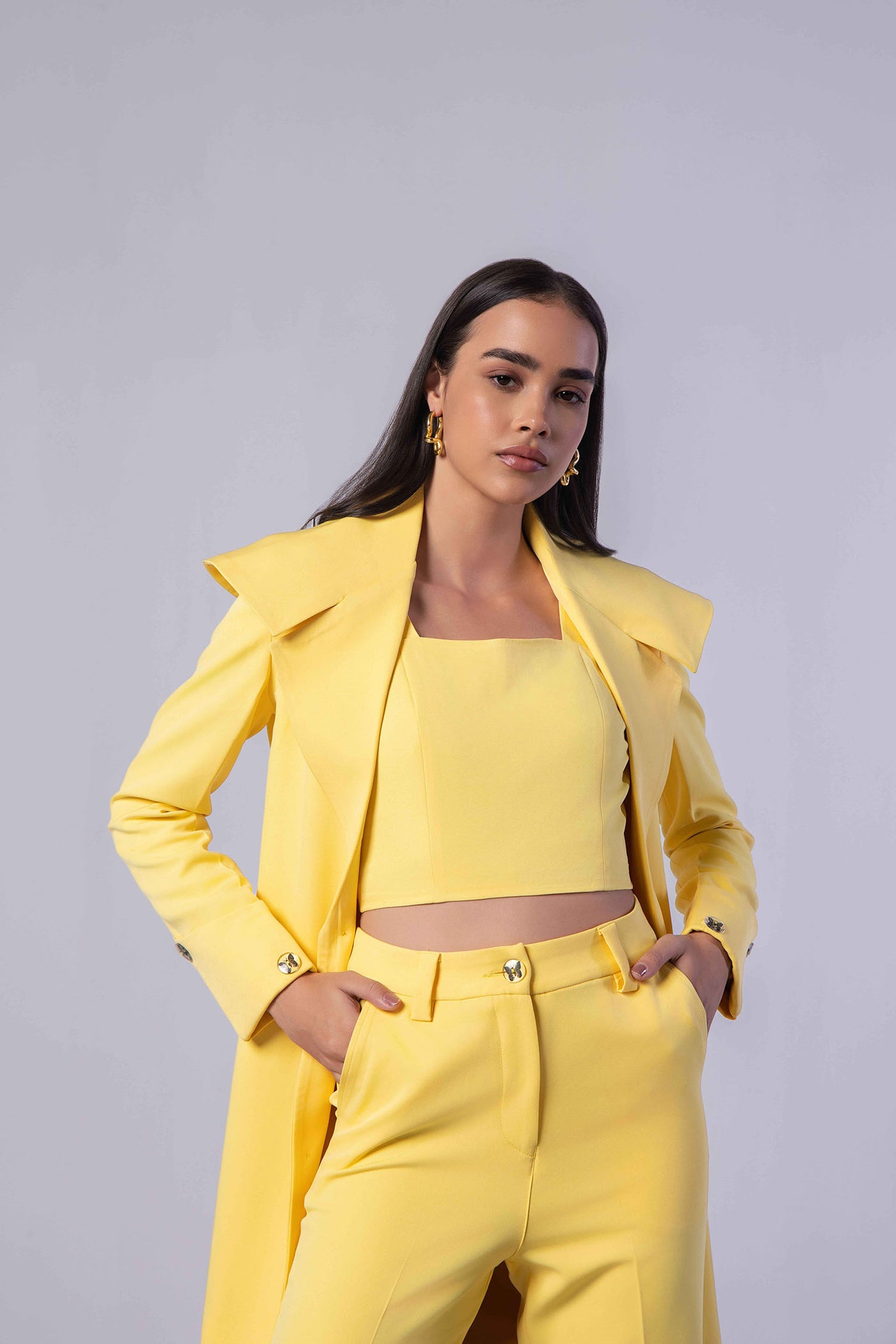 Yellow Trench Coat with Crop Top and Pants