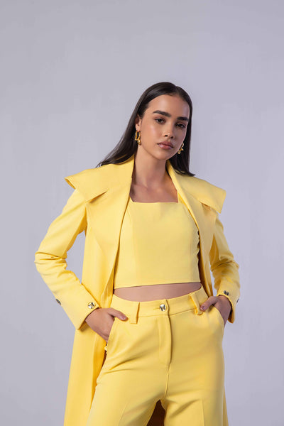 Yellow Trench Coat with Crop Top and Pants