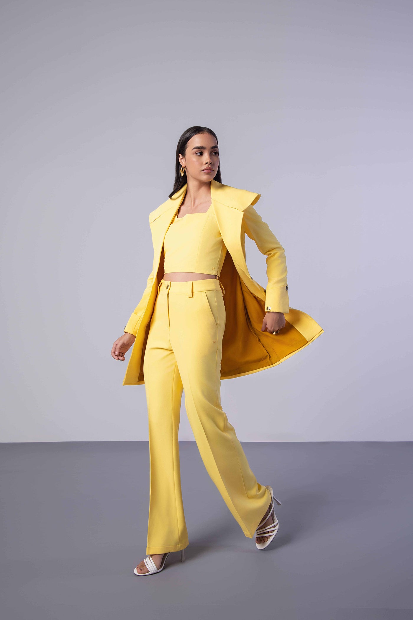 Yellow Trench Coat with Crop Top and Pants