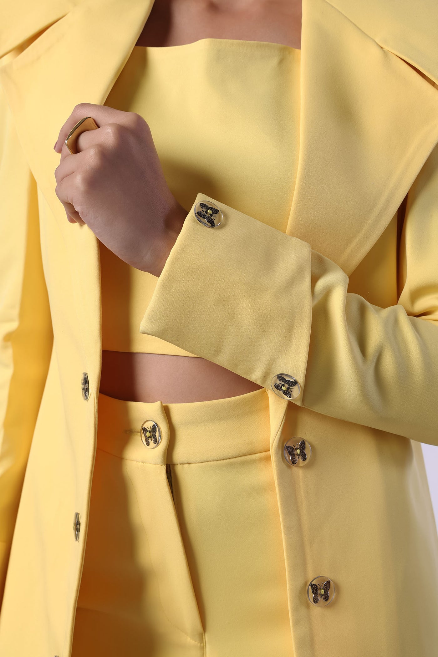 Yellow Trench Coat with Crop Top and Pants