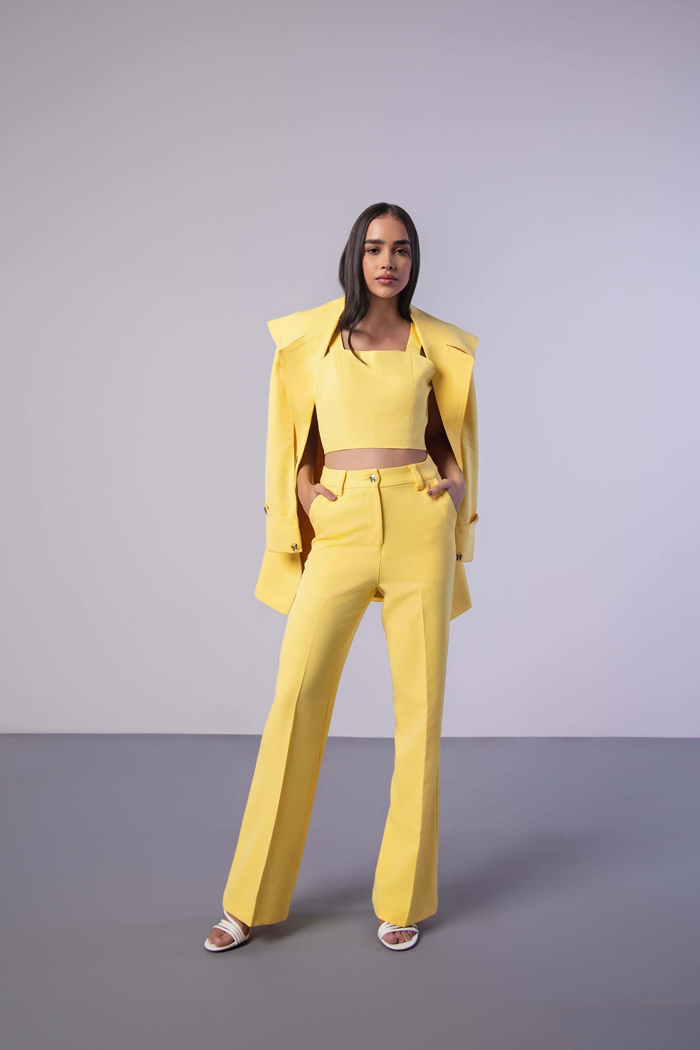 Yellow Trench Coat with Crop Top and Pants