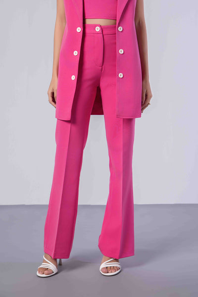 Hot Pink Trench Coat (Sleeveless) with Crop Top and Pants