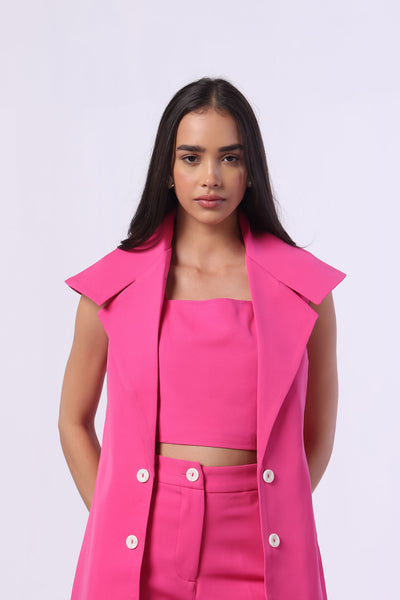 Hot Pink Trench Coat (Sleeveless) with Crop Top and Pants