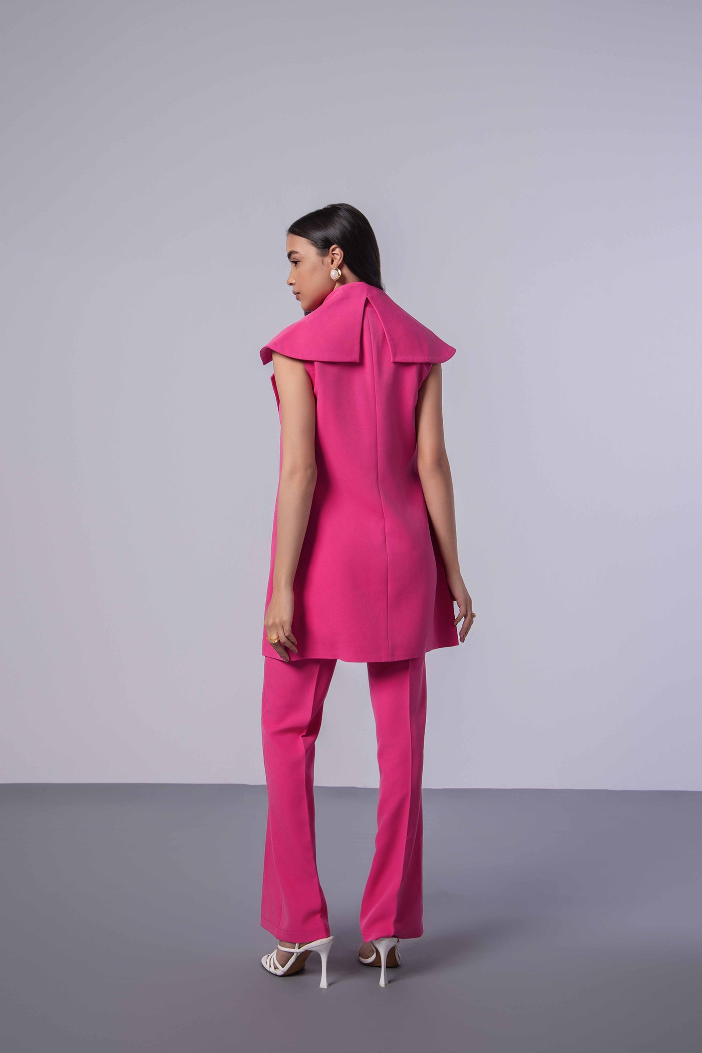 Hot Pink Trench Coat (Sleeveless) with Crop Top and Pants