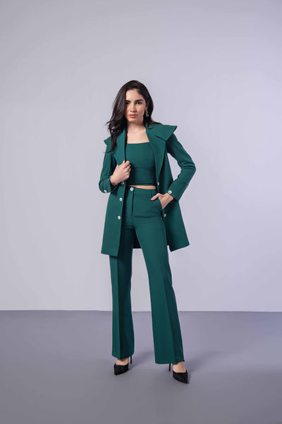 Bottle Green Trench Coat with Crop Top and Pants