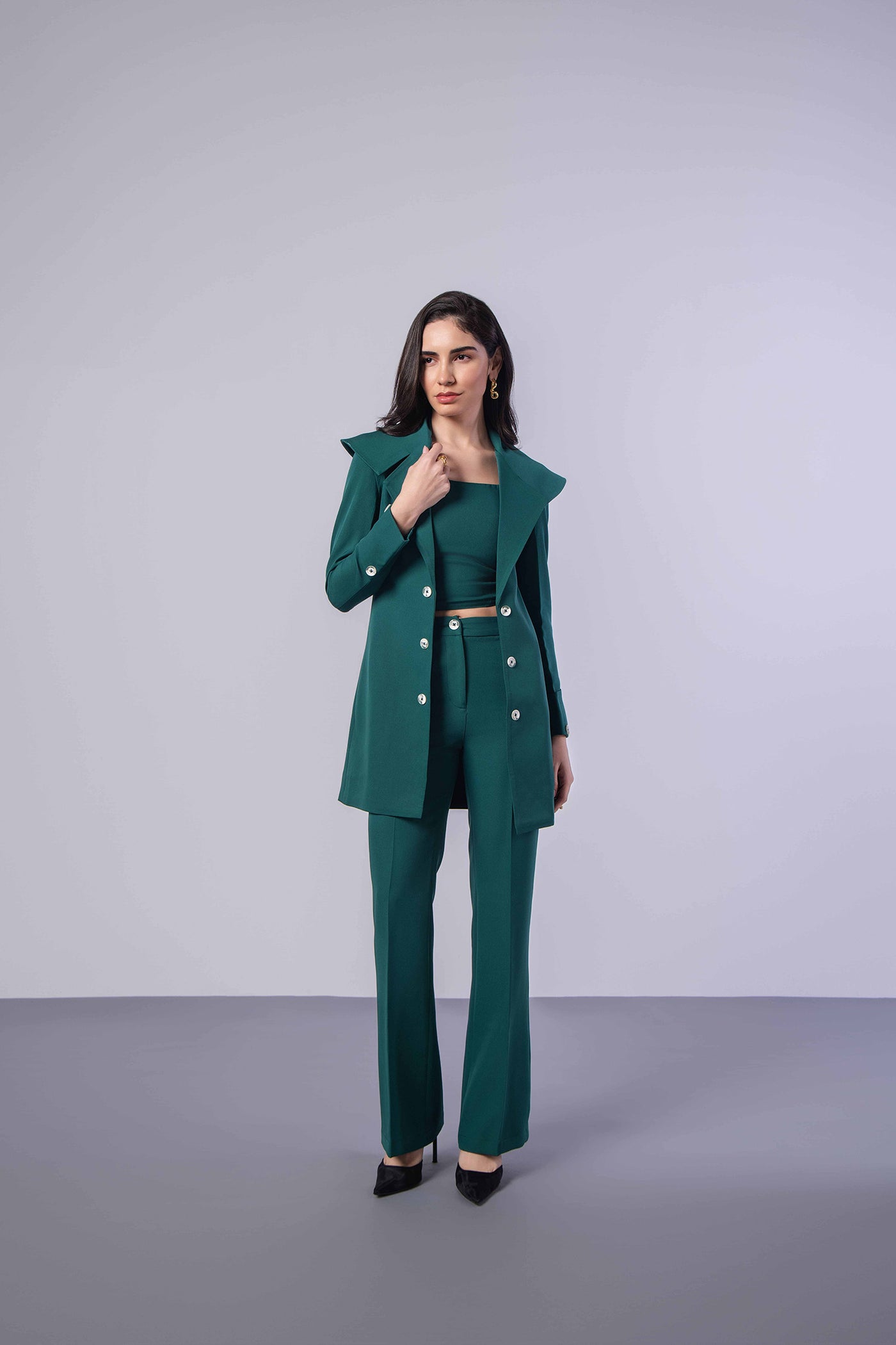 Bottle Green Trench Coat with Crop Top and Pants