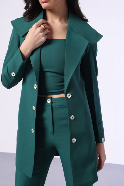 Bottle Green Trench Coat with Crop Top and Pants