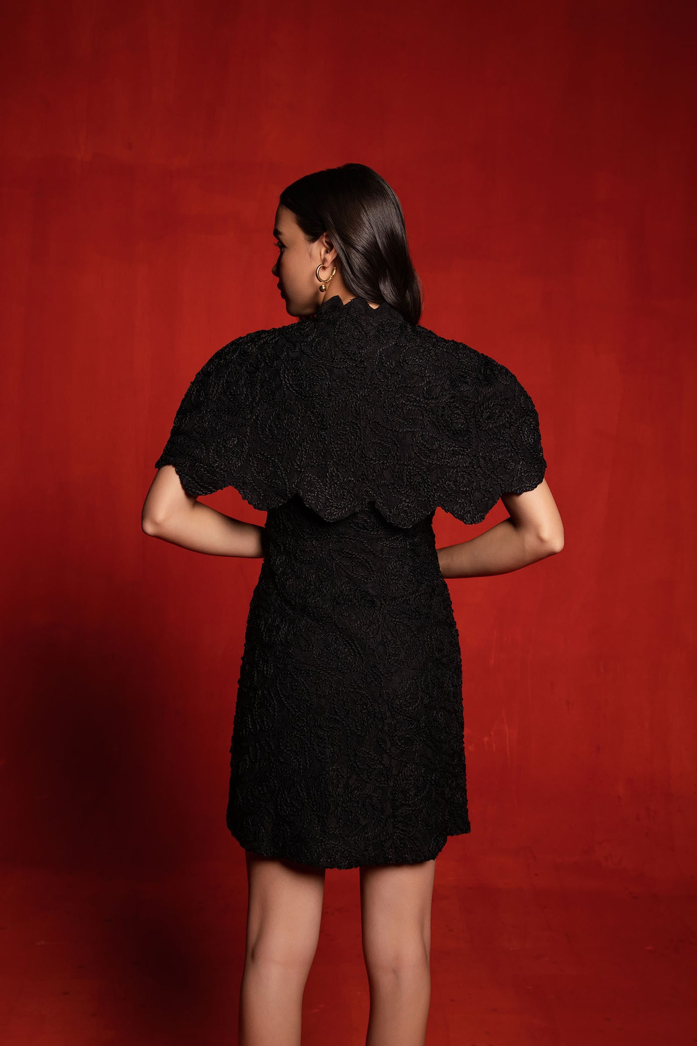 Black Textured Dress with Cape