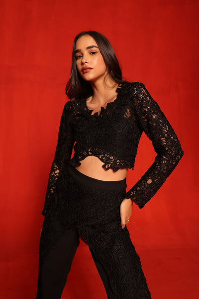 Black Textured Full sleeves Crop Top