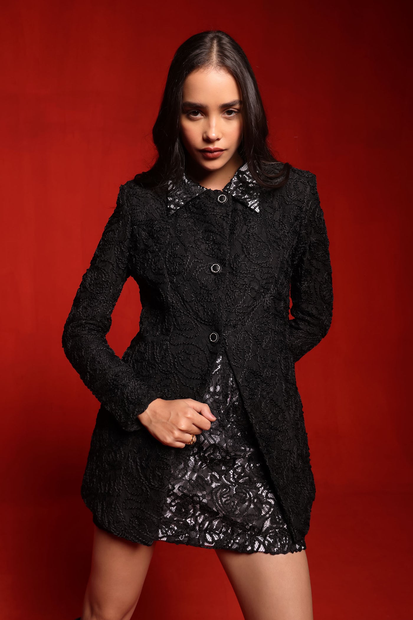 Black Textured Overlap Blazer with Skirt