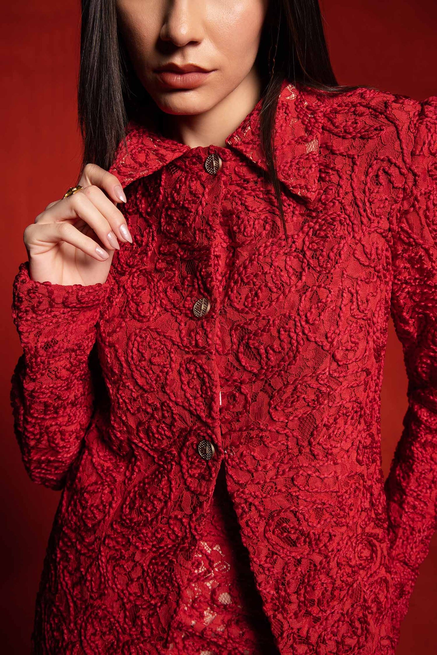 Red Textured Overlap Blazer with Skirt