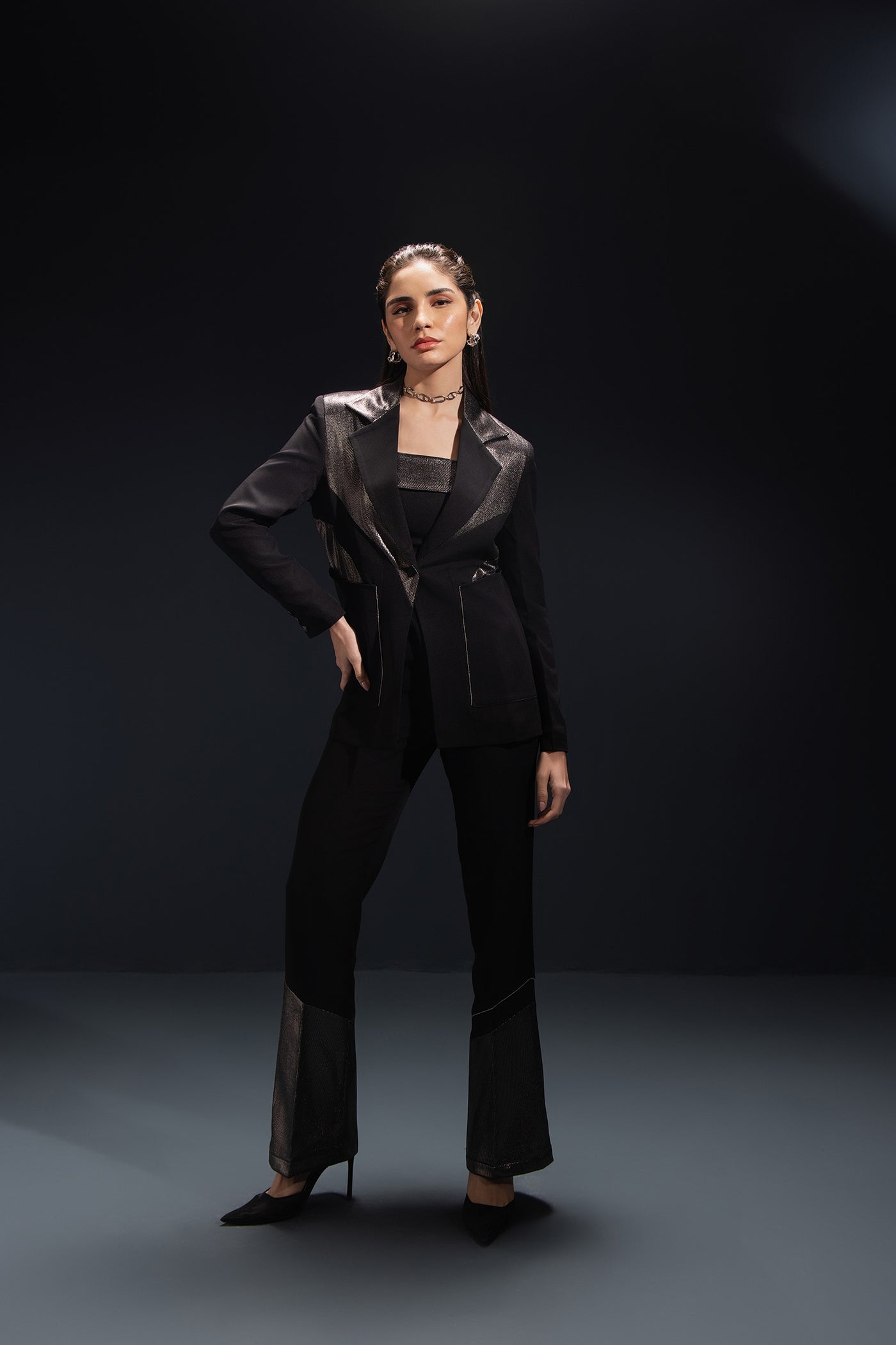 Black Shimmer Panelled Blazer Set With Trousers