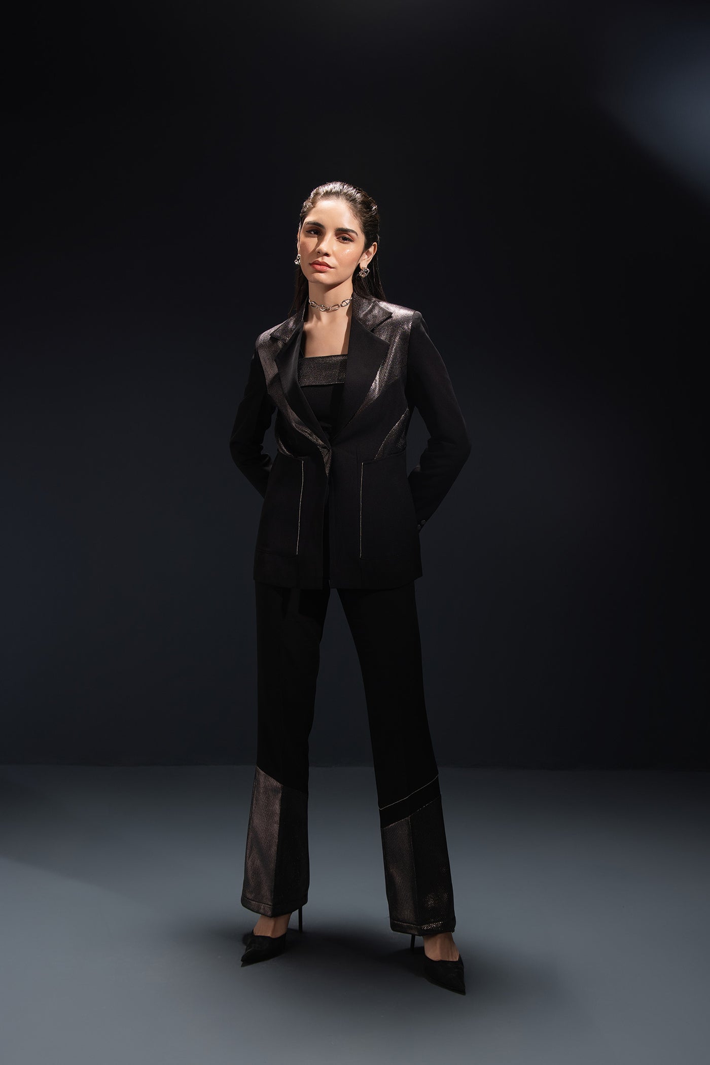 Black Shimmer Panelled Blazer Set With Trousers