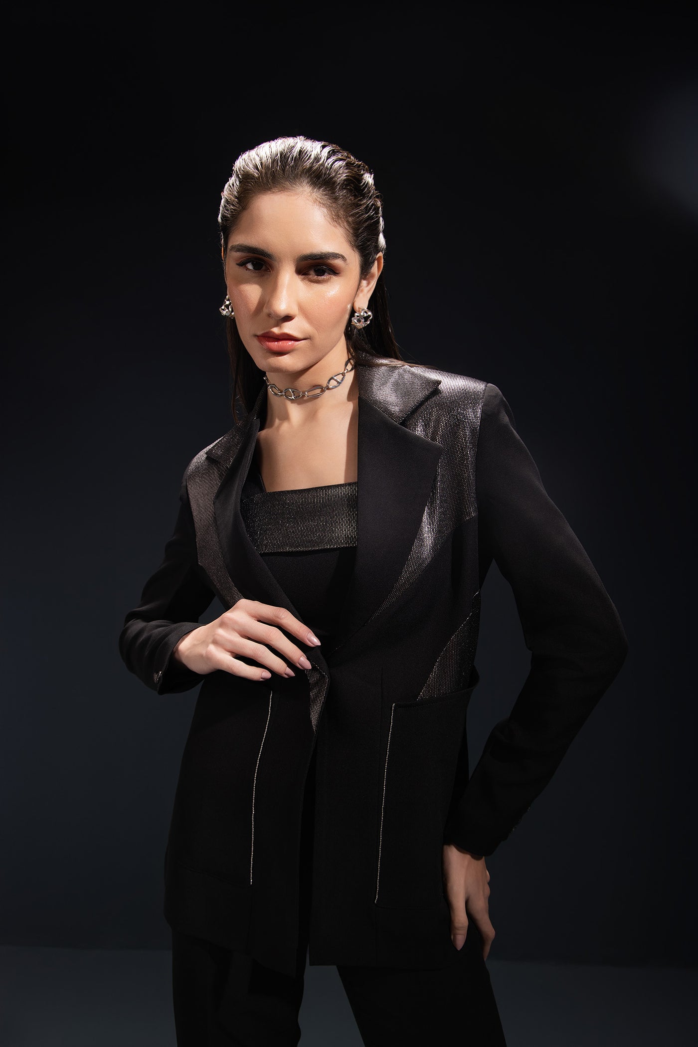 Black Shimmer Panelled Blazer Set With Trousers