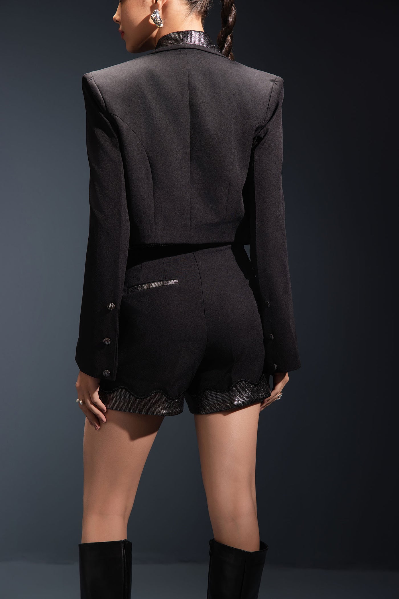 Black Shimmer Curve Cropped Blazer With Shorts