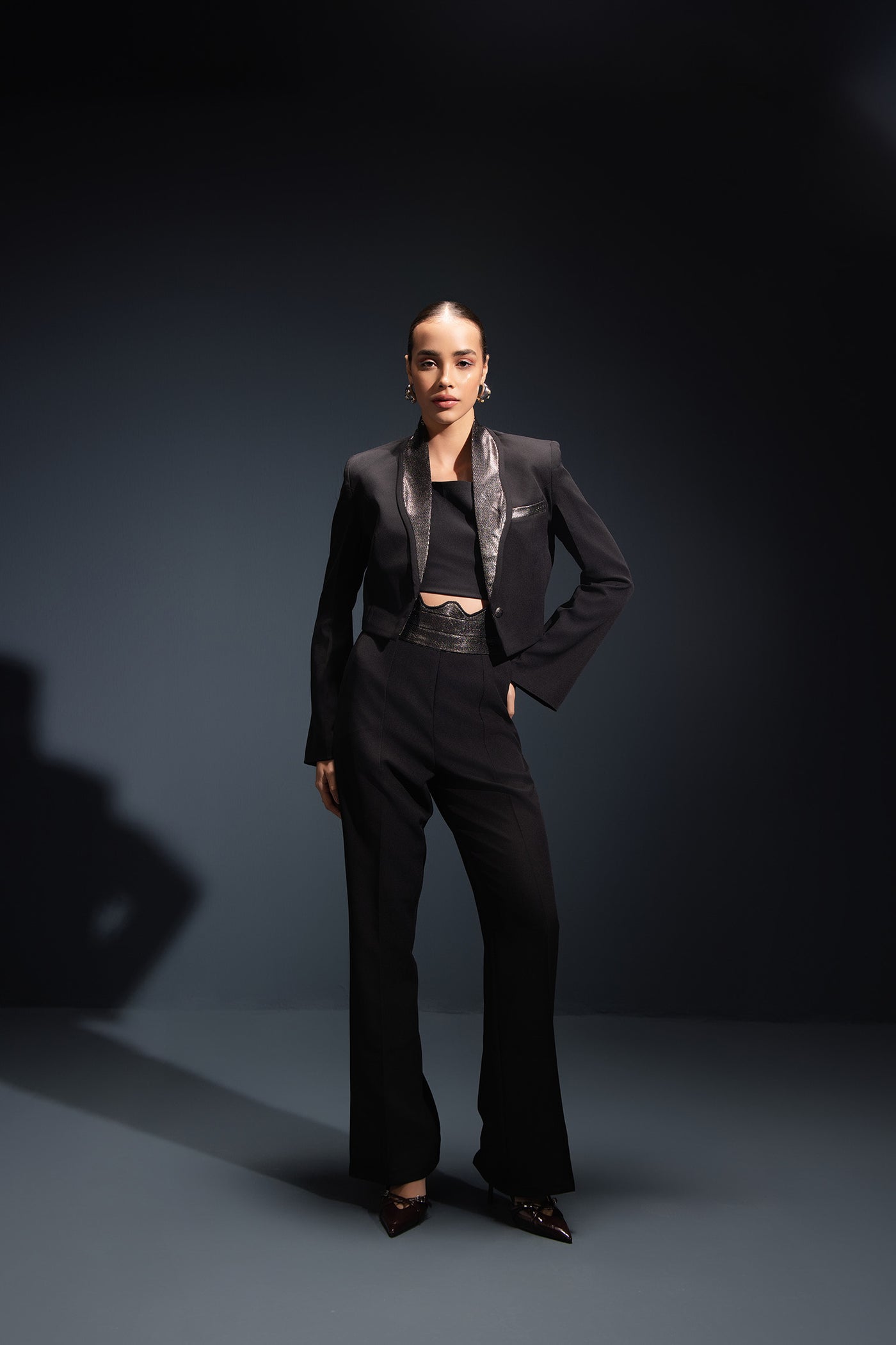 Black Shimmer Curve Cropped Blazer With Trousers