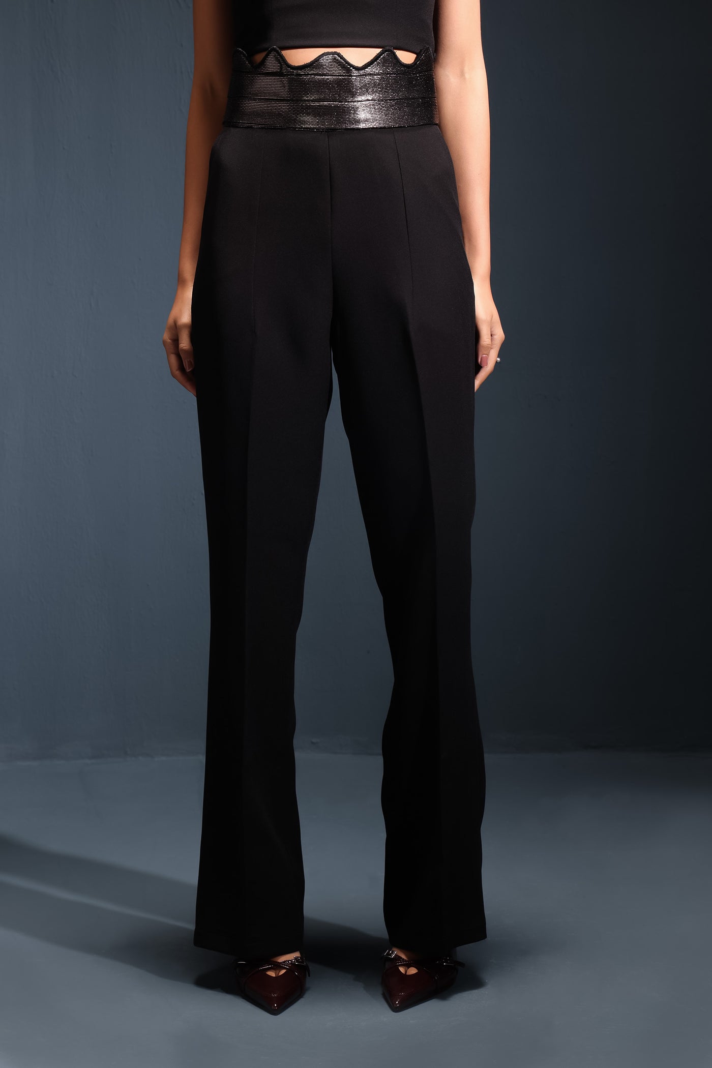 Black Shimmer Curve Cropped Trousers