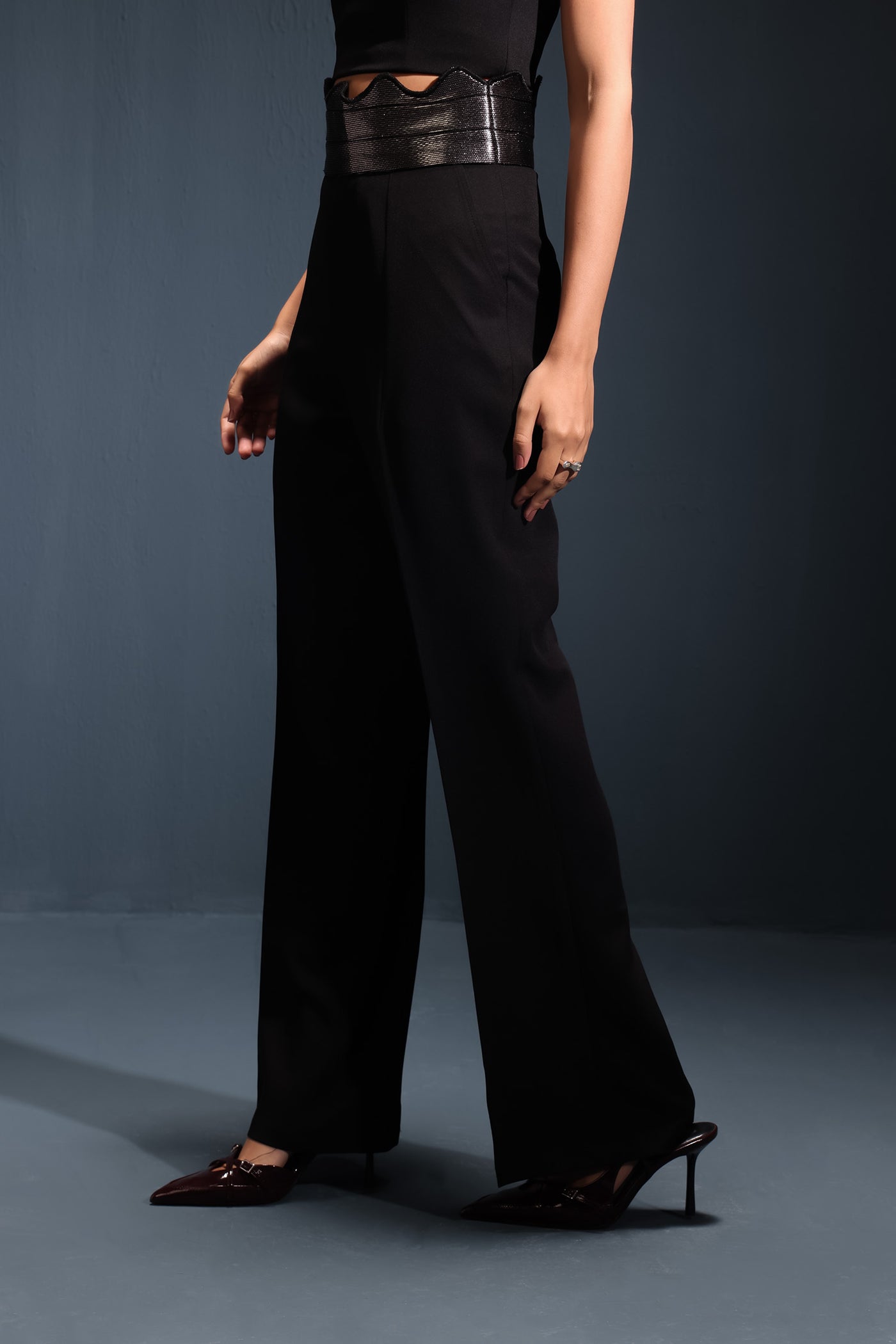 Black Shimmer Curve Cropped Trousers