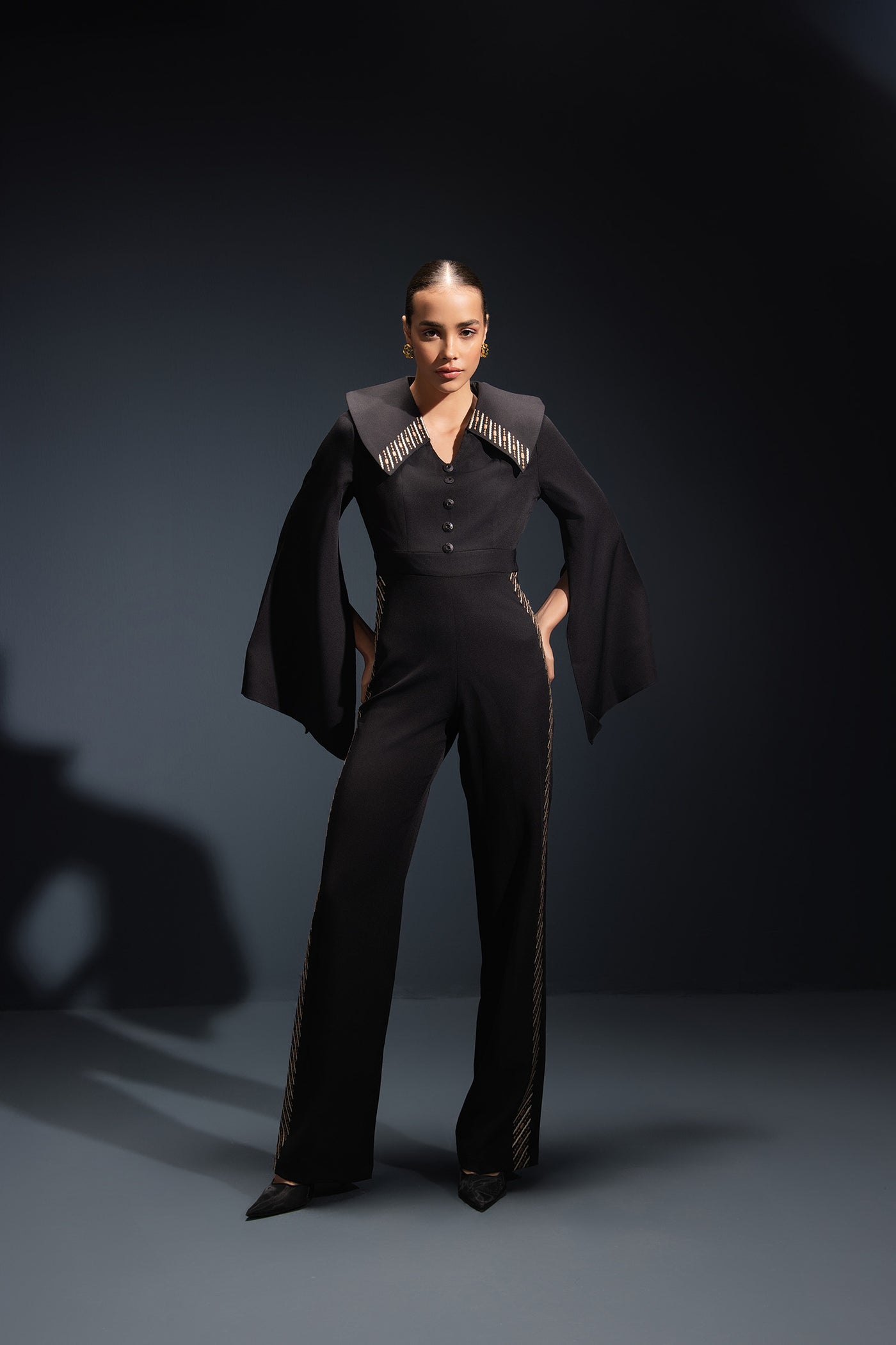 Black Cape Embroidered Jumpsuit