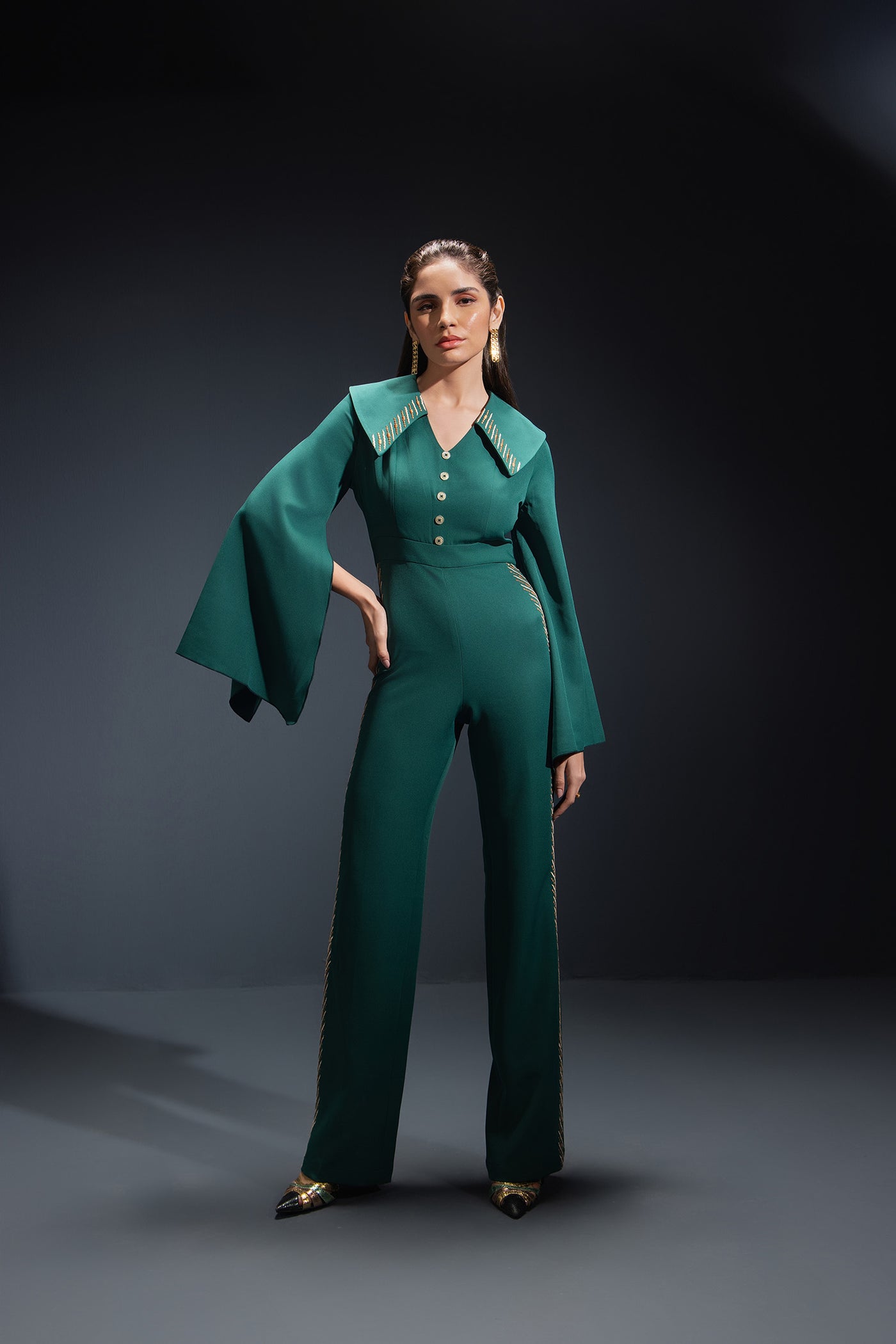 Bottle Green Cape Embroidered Jumpsuit