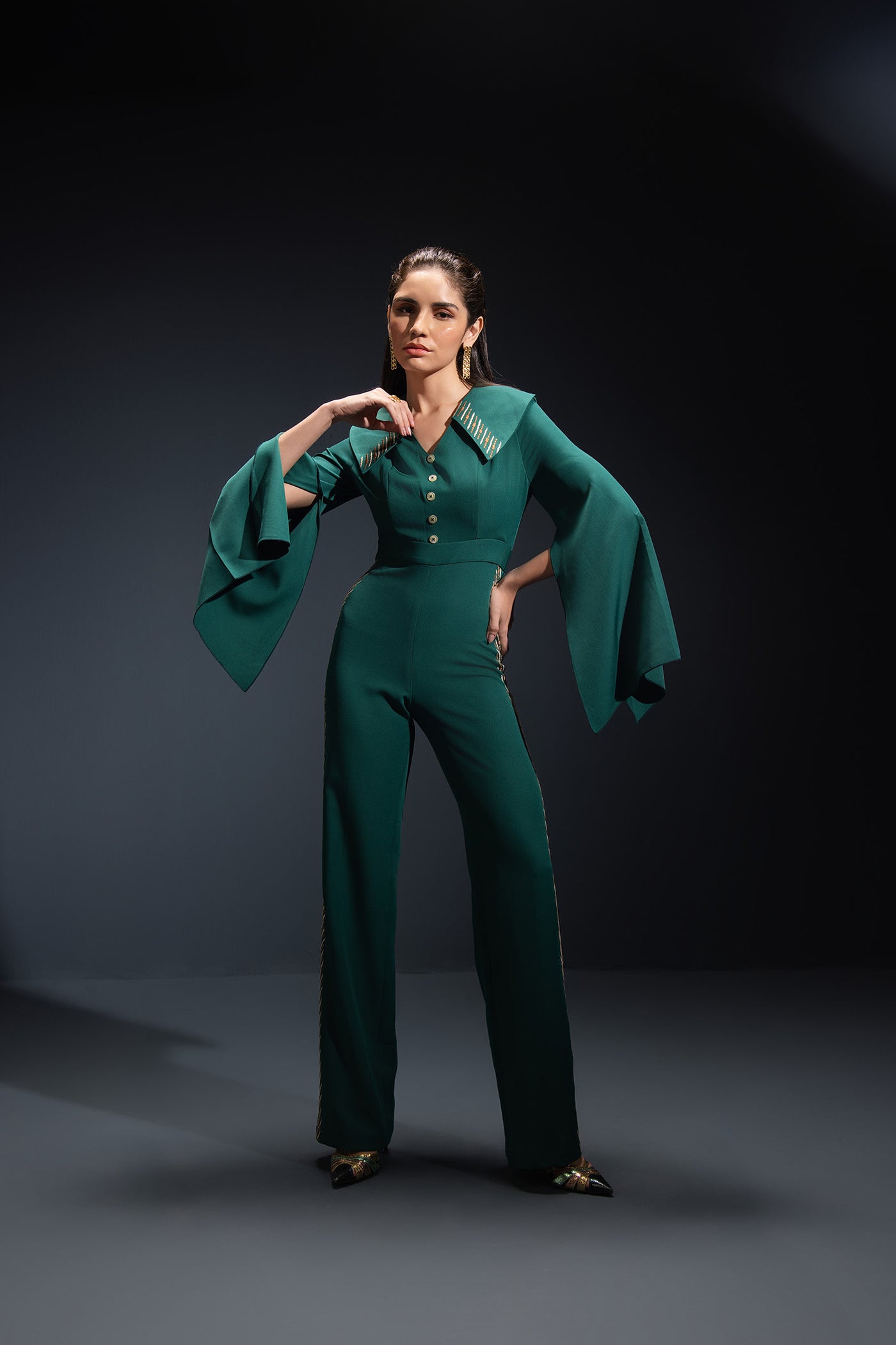 Bottle Green Cape Embroidered Jumpsuit