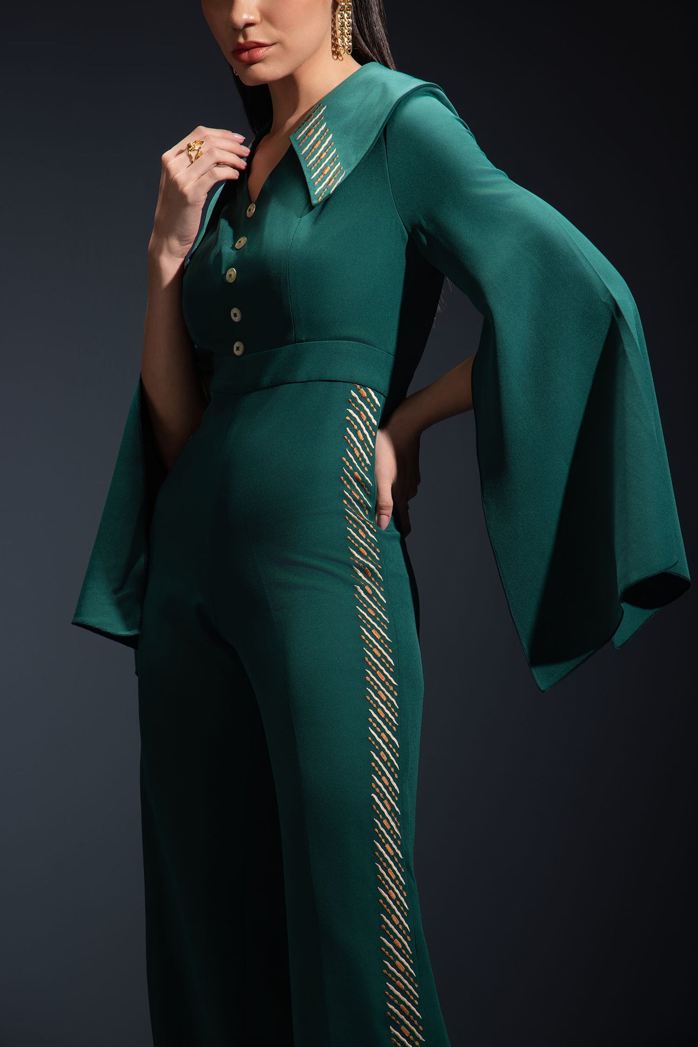 Bottle Green Cape Embroidered Jumpsuit