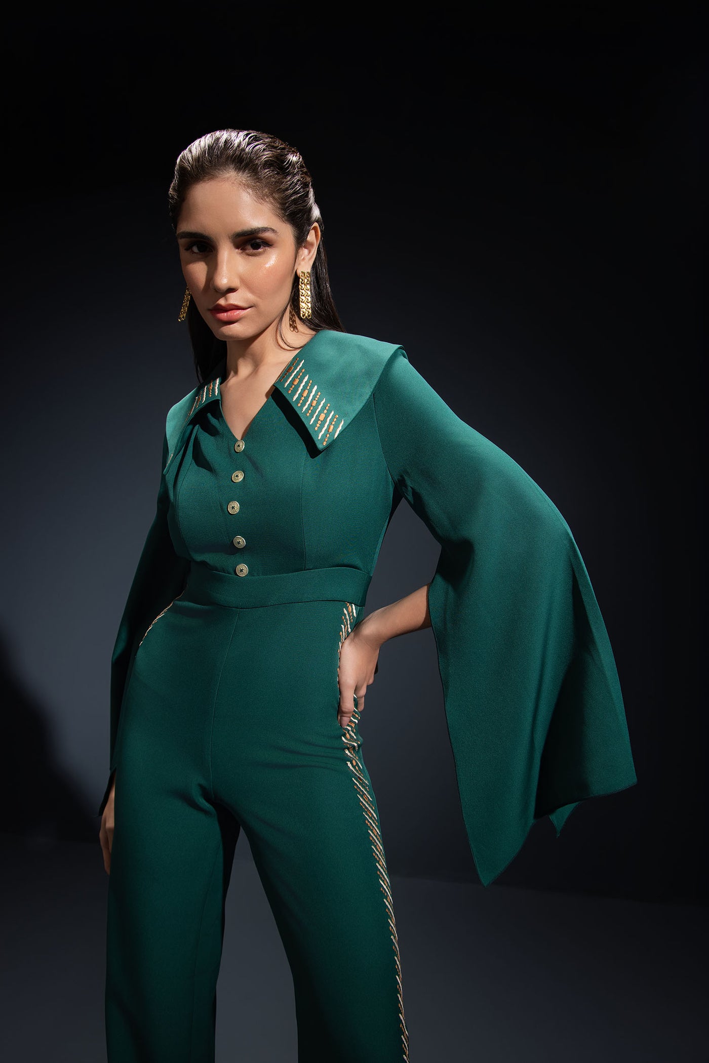 Bottle Green Cape Embroidered Jumpsuit