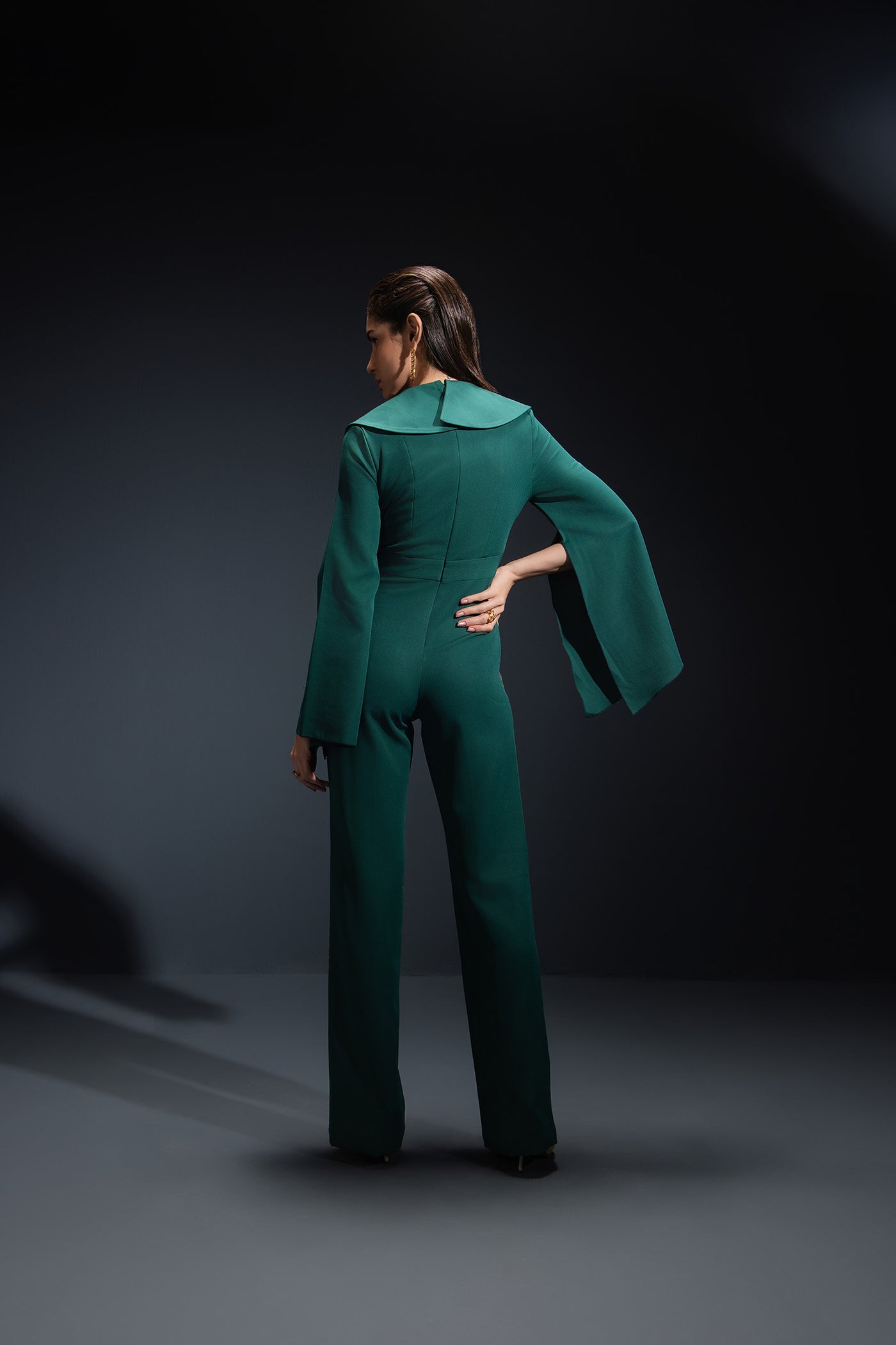 Bottle Green Cape Embroidered Jumpsuit