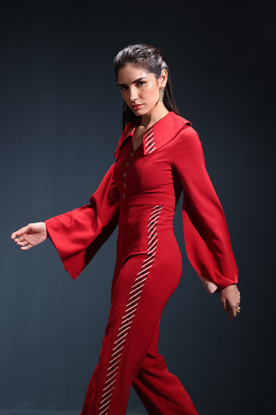 Chilli Red Cape Embroidered Jumpsuit