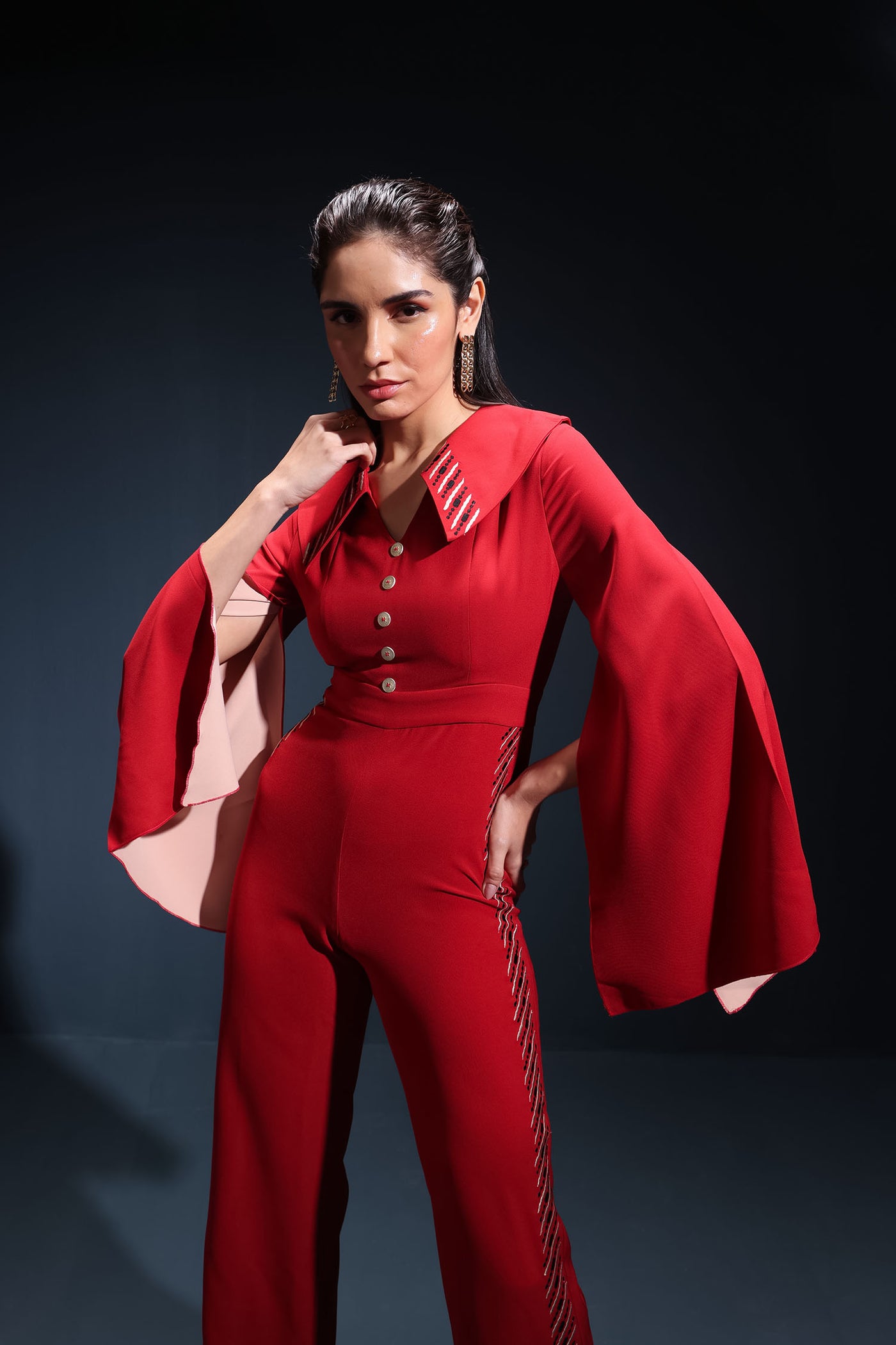 Chilli Red Cape Embroidered Jumpsuit