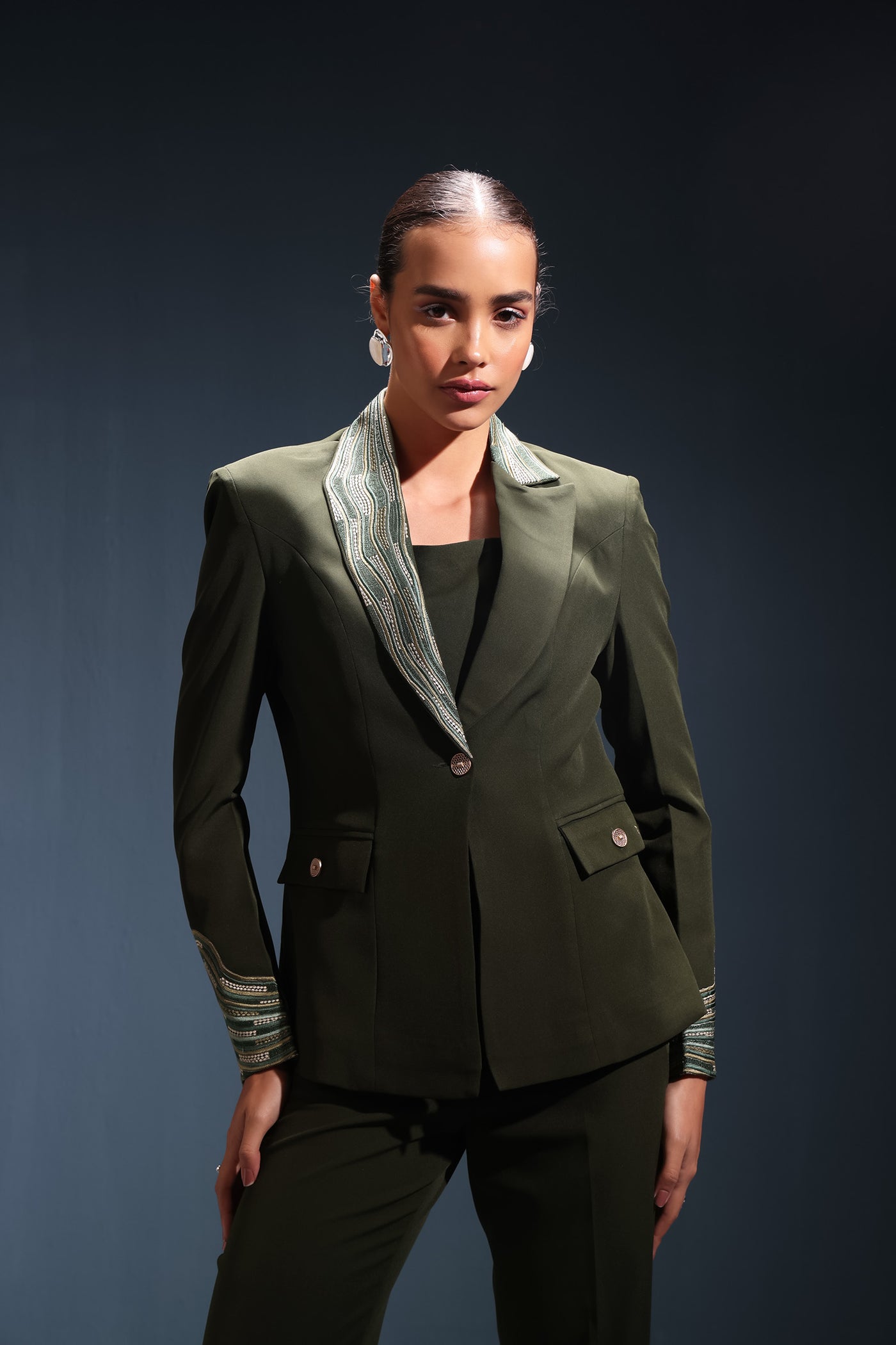 Juniper Green Wave Embroidered Blazer with Top and Pants