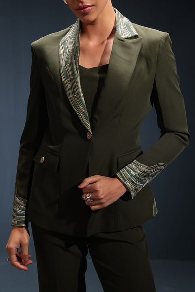 Juniper Green Wave Embroidered Blazer with Top and Pants