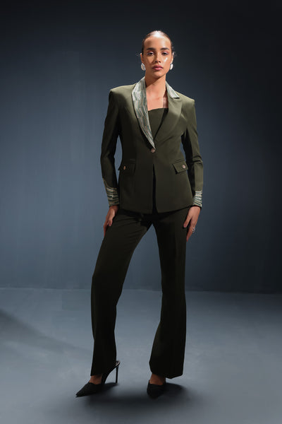 Juniper Green Wave Embroidered Blazer with Top and Pants