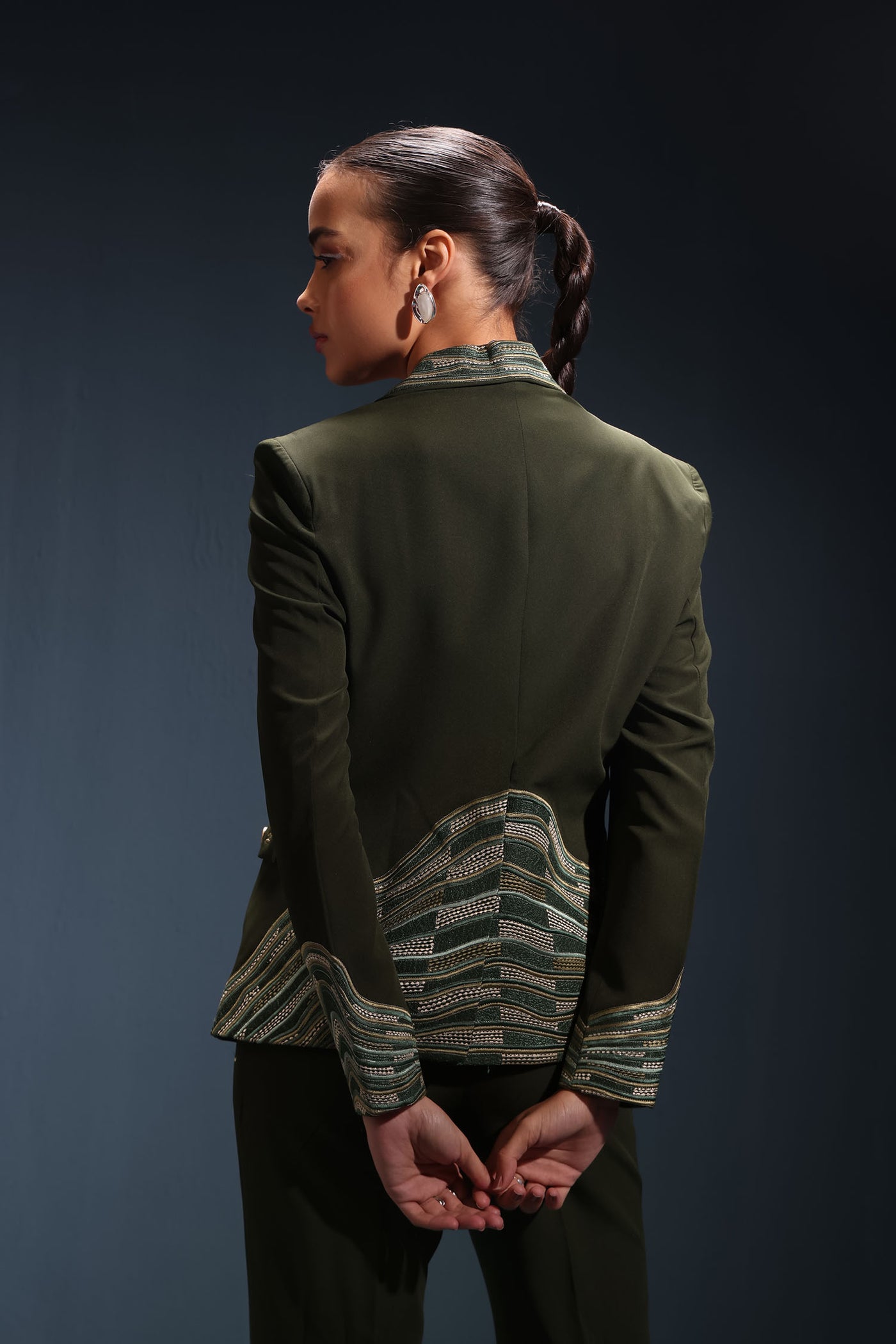 Juniper Green Wave Embroidered Blazer with Top and Pants