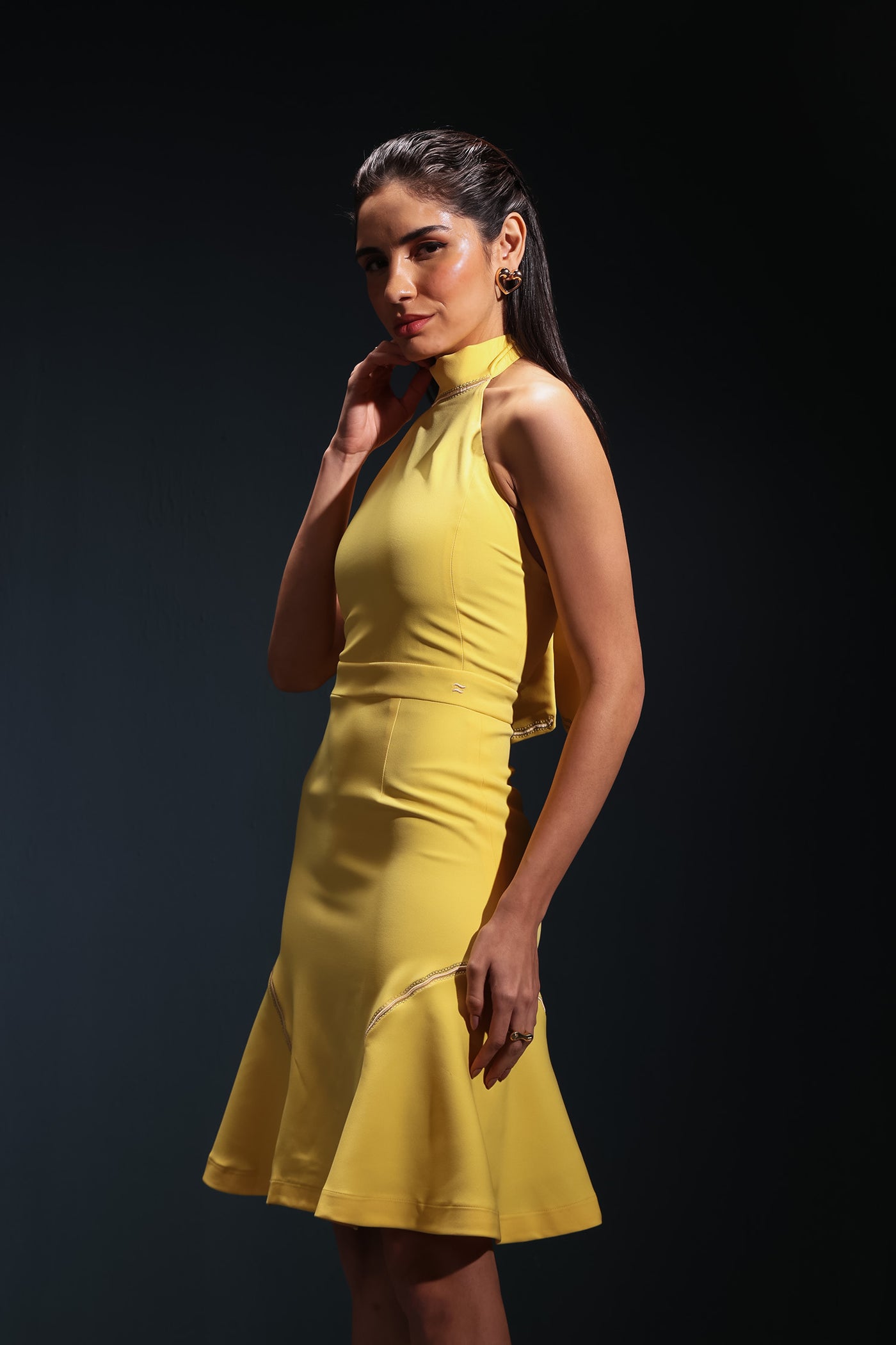 Yellow Halter Embroidered Dress