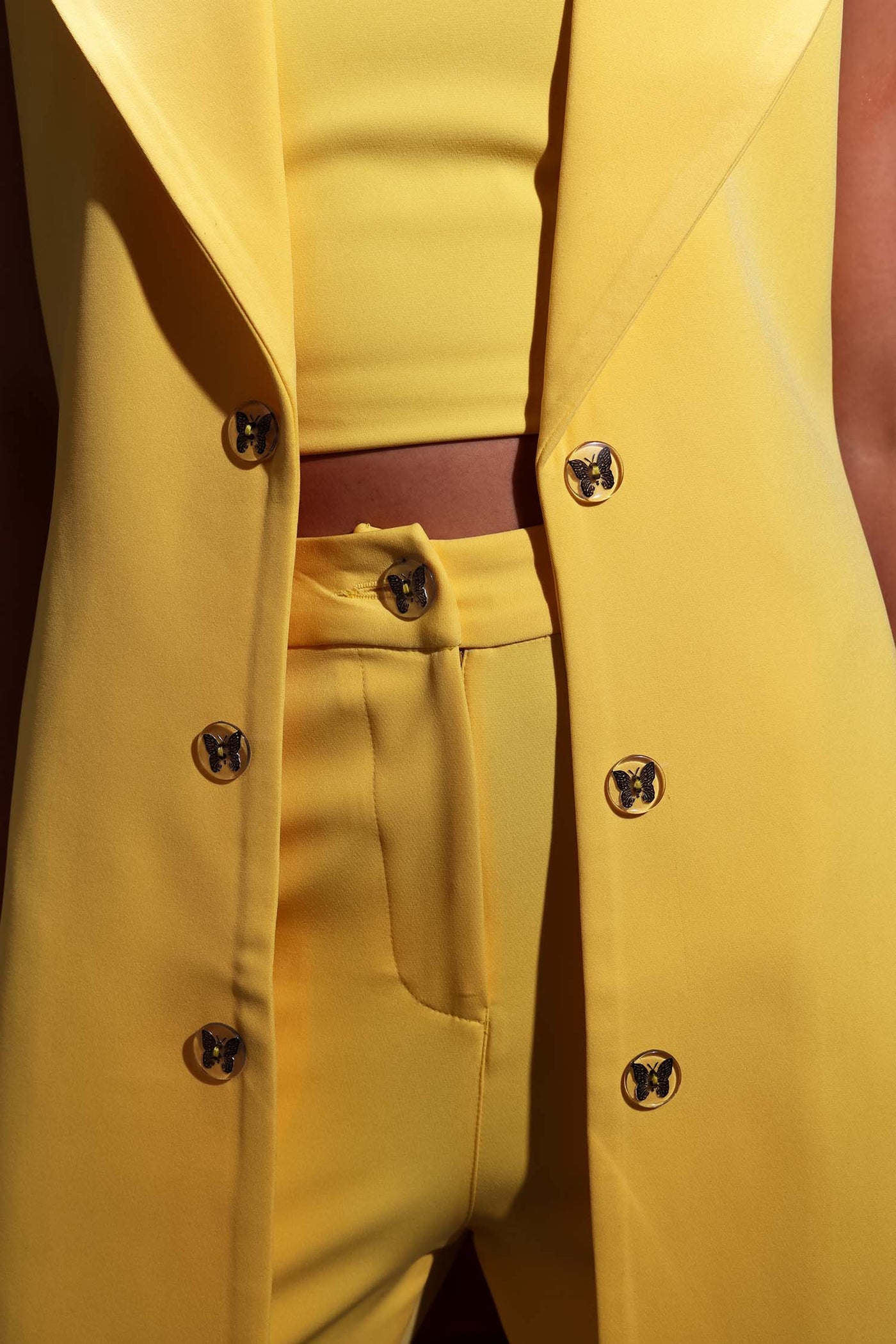 Yellow Trench Coat (sleeveless) with Crop Top and Pants