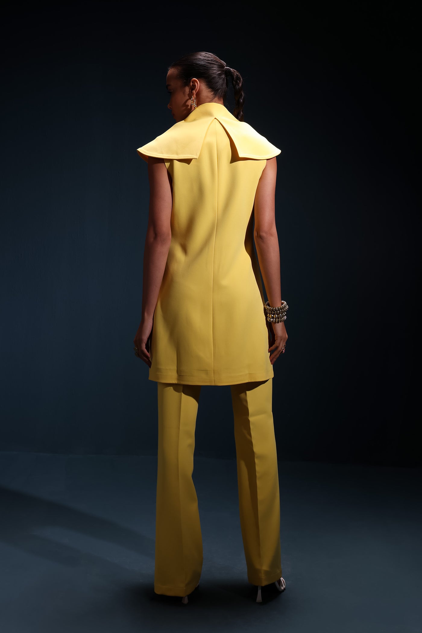 Yellow Trench Coat (sleeveless) with Crop Top and Pants