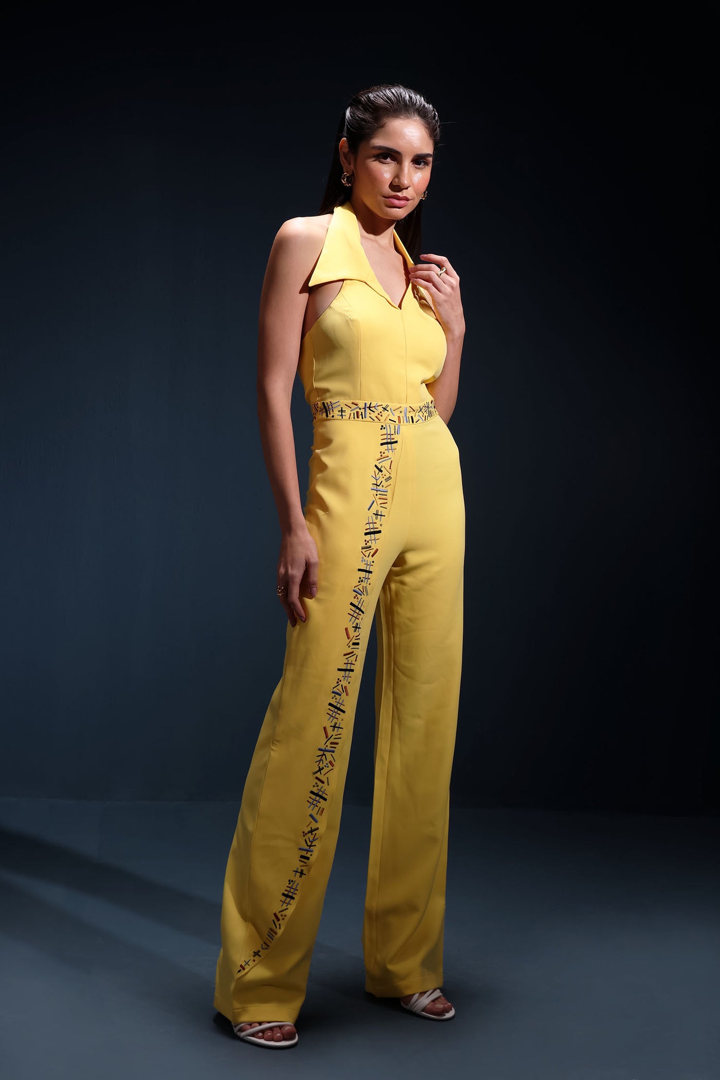 Yellow Halter Embroidered Jumpsuit