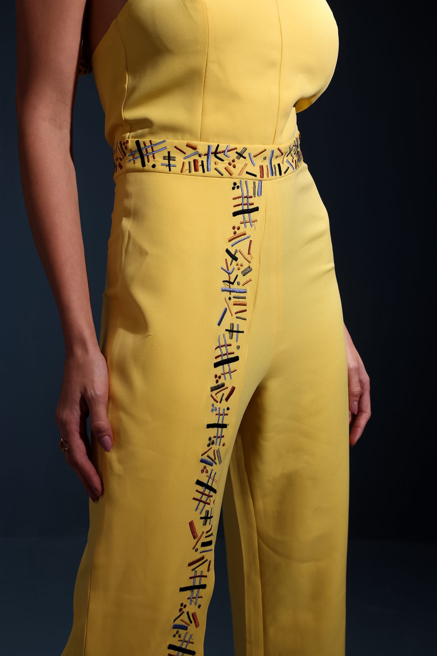 Yellow Halter Embroidered Jumpsuit