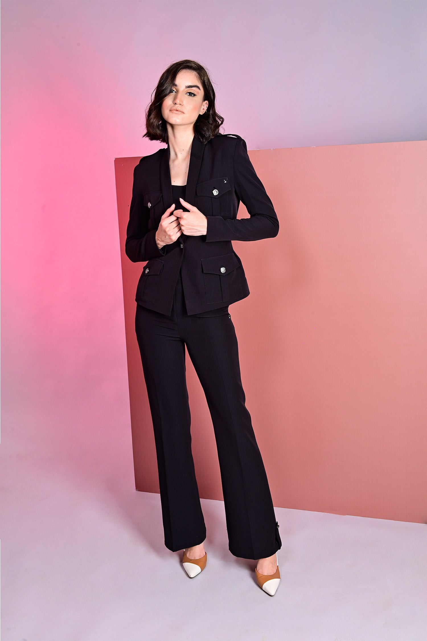 Black Flared Trousers With Box Pocket Flap