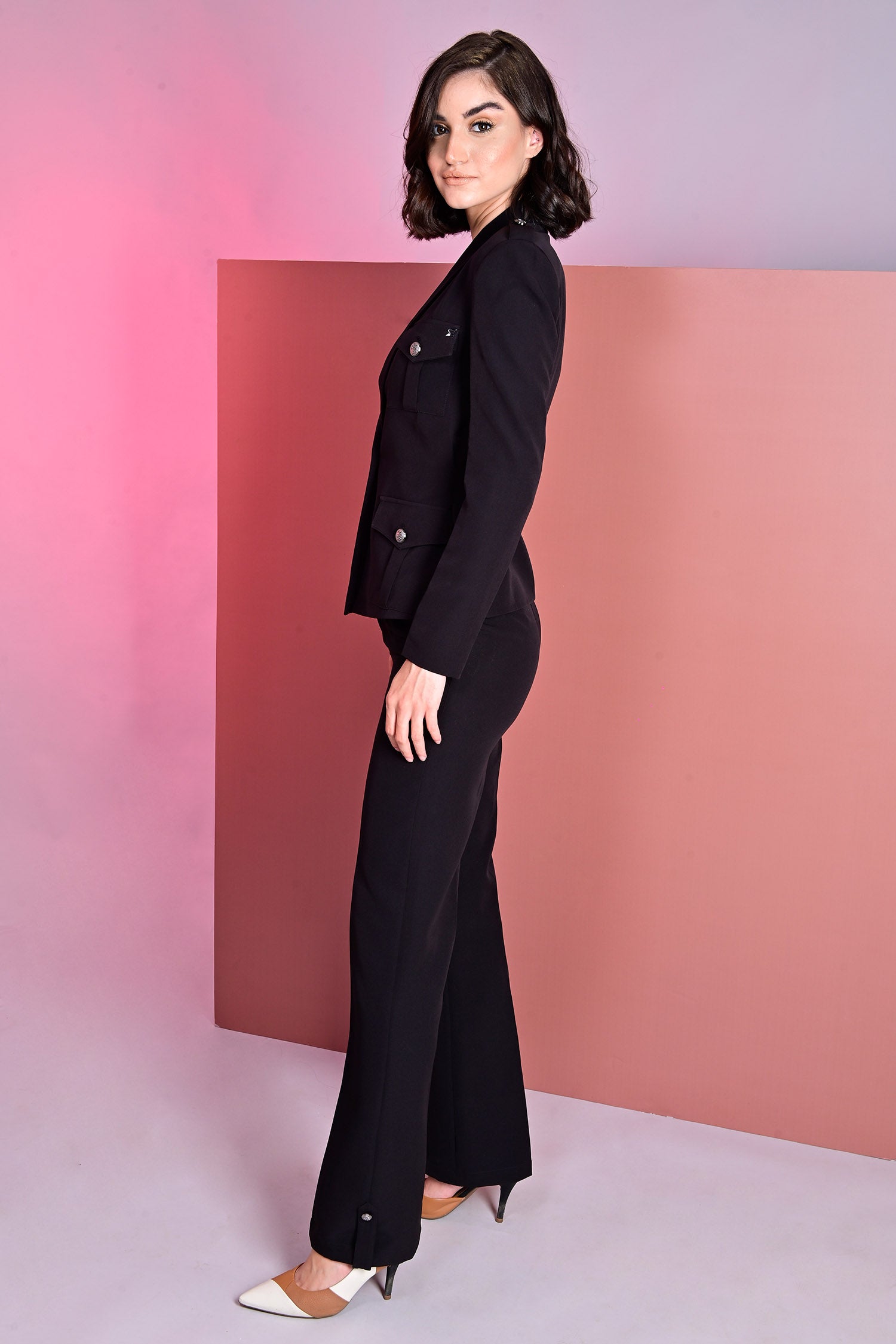 Box Pleated Black Blazer With Trousers