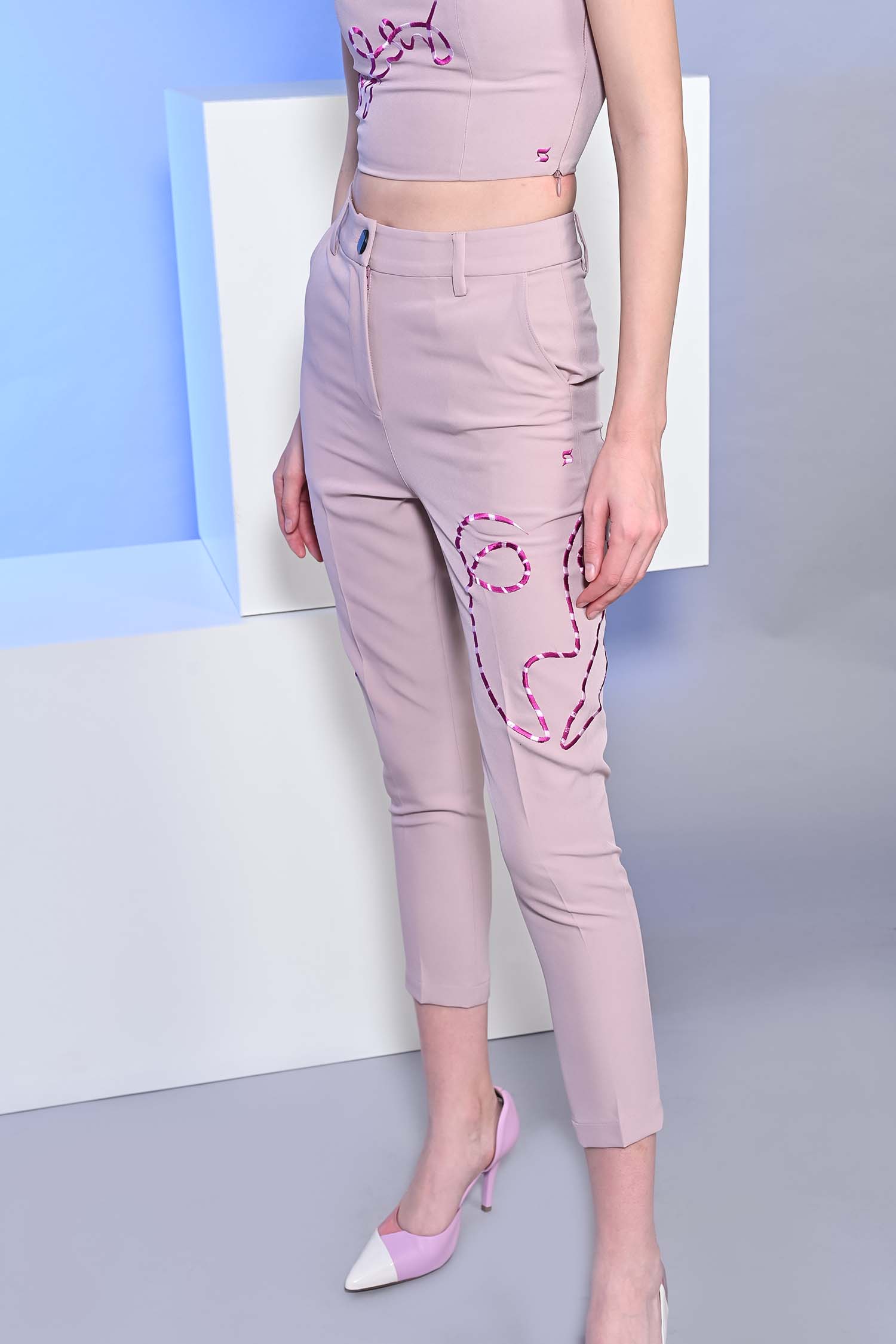 Blossom Pink Embroidered Slim Leg Trouser