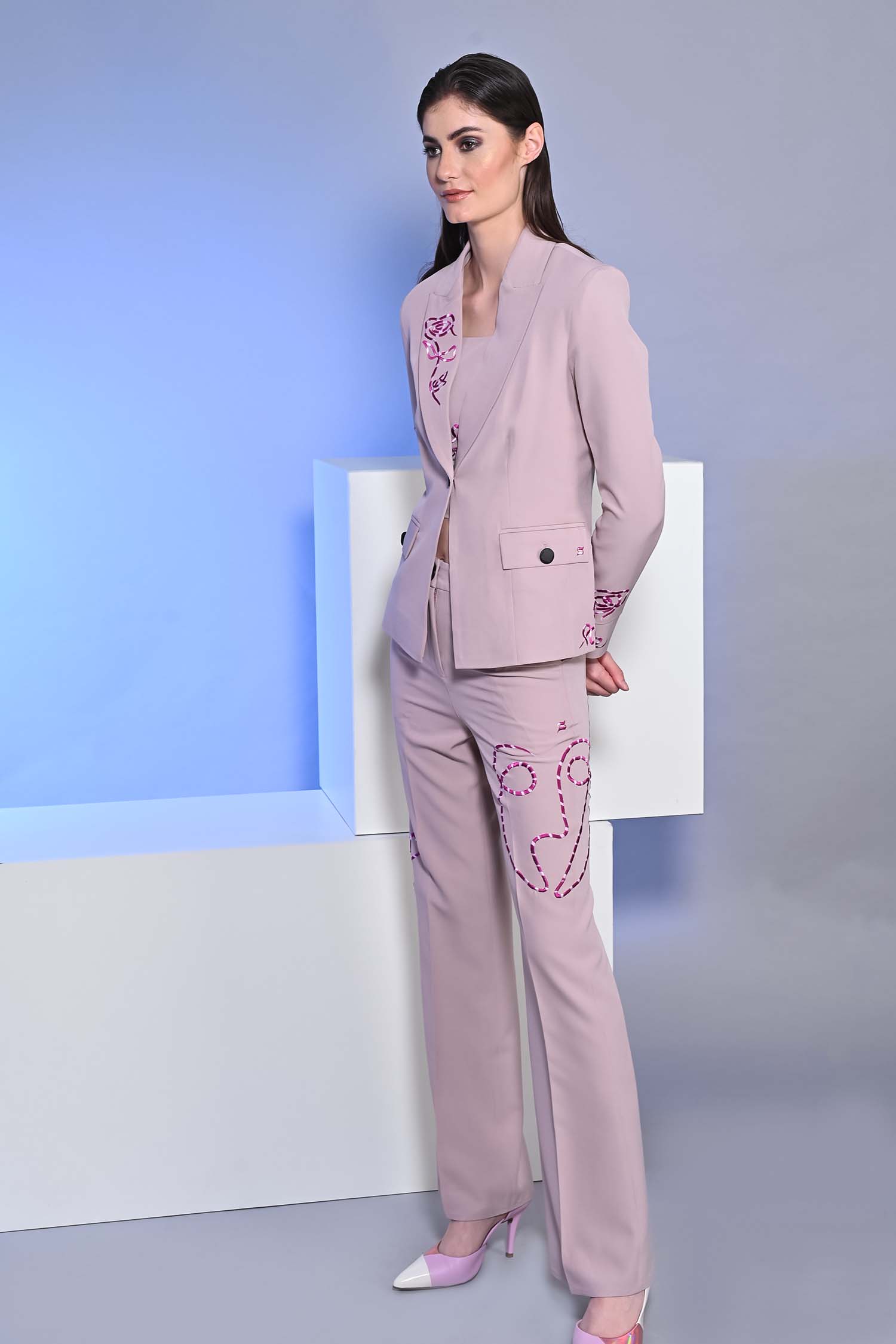 Blossom Pink Embroidered Blazer With Crop Top And Flared Pants